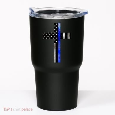A Christian cross showing support for law enforcement - Thin Blue Line Tumbler