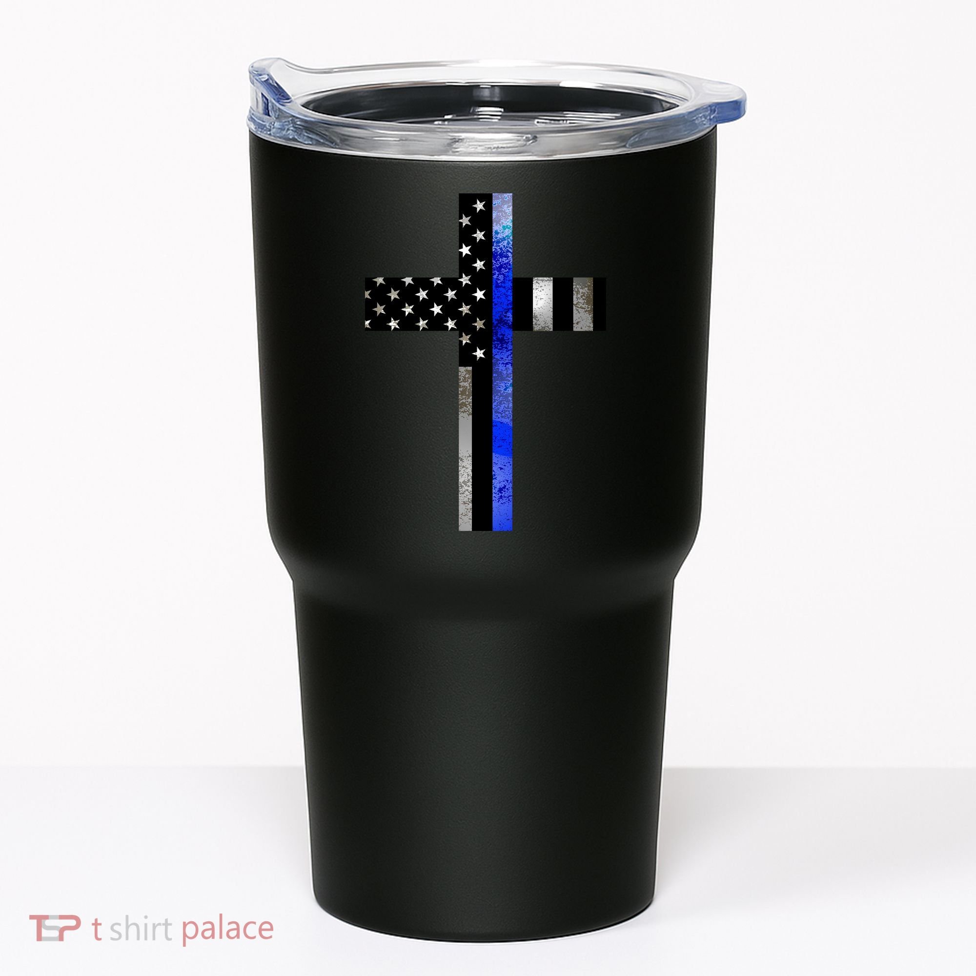 A Christian cross showing support for law enforcement - Thin Blue Line Tumbler