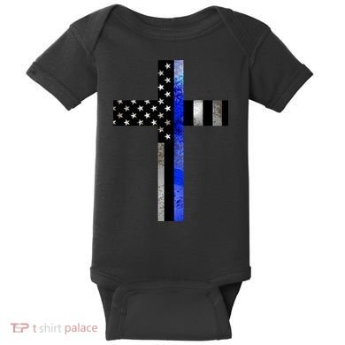 A Christian cross showing support for law enforcement - Thin Blue Line Baby Bodysuit
