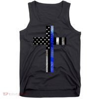 A Christian cross showing support for law enforcement - Thin Blue Line Tank Top thumb 0