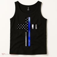 A Christian cross showing support for law enforcement - Thin Blue Line Tank Top thumb 2