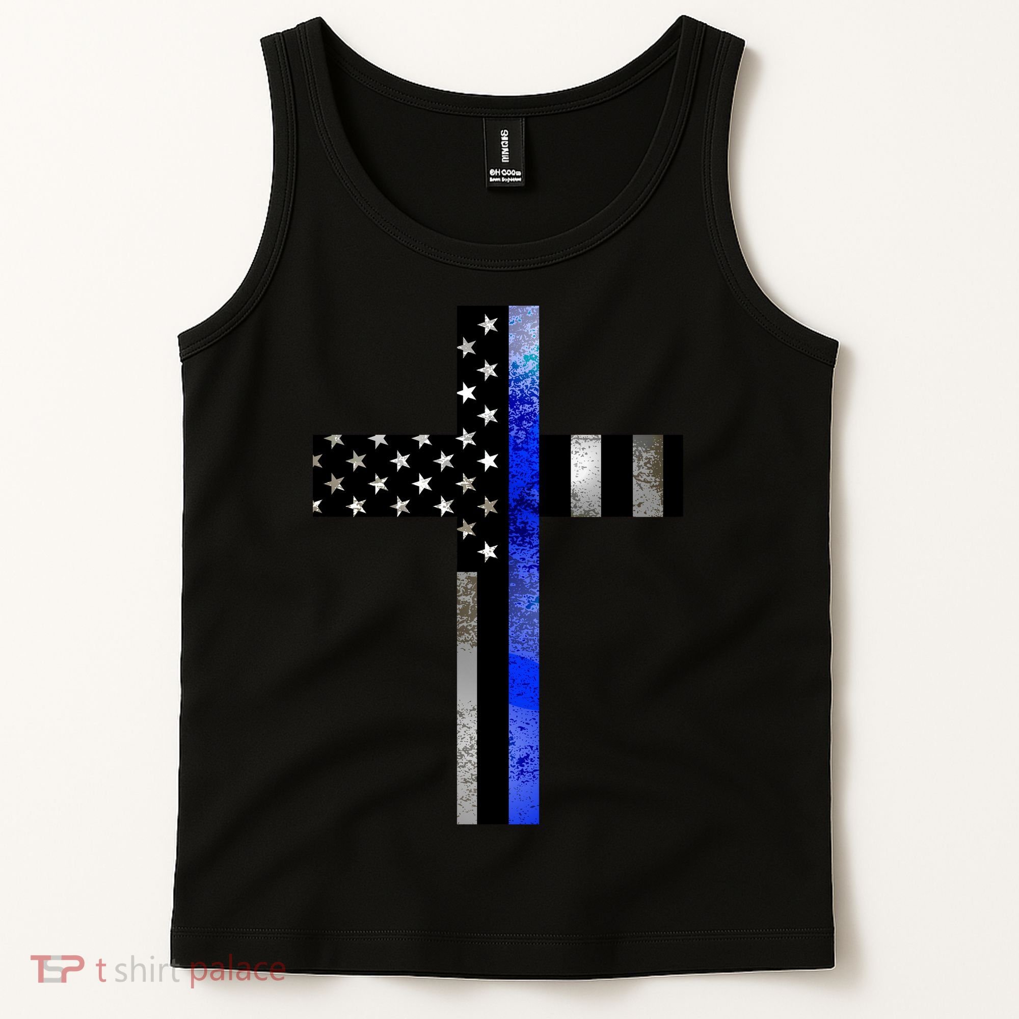 A Christian cross showing support for law enforcement - Thin Blue Line Tank Top