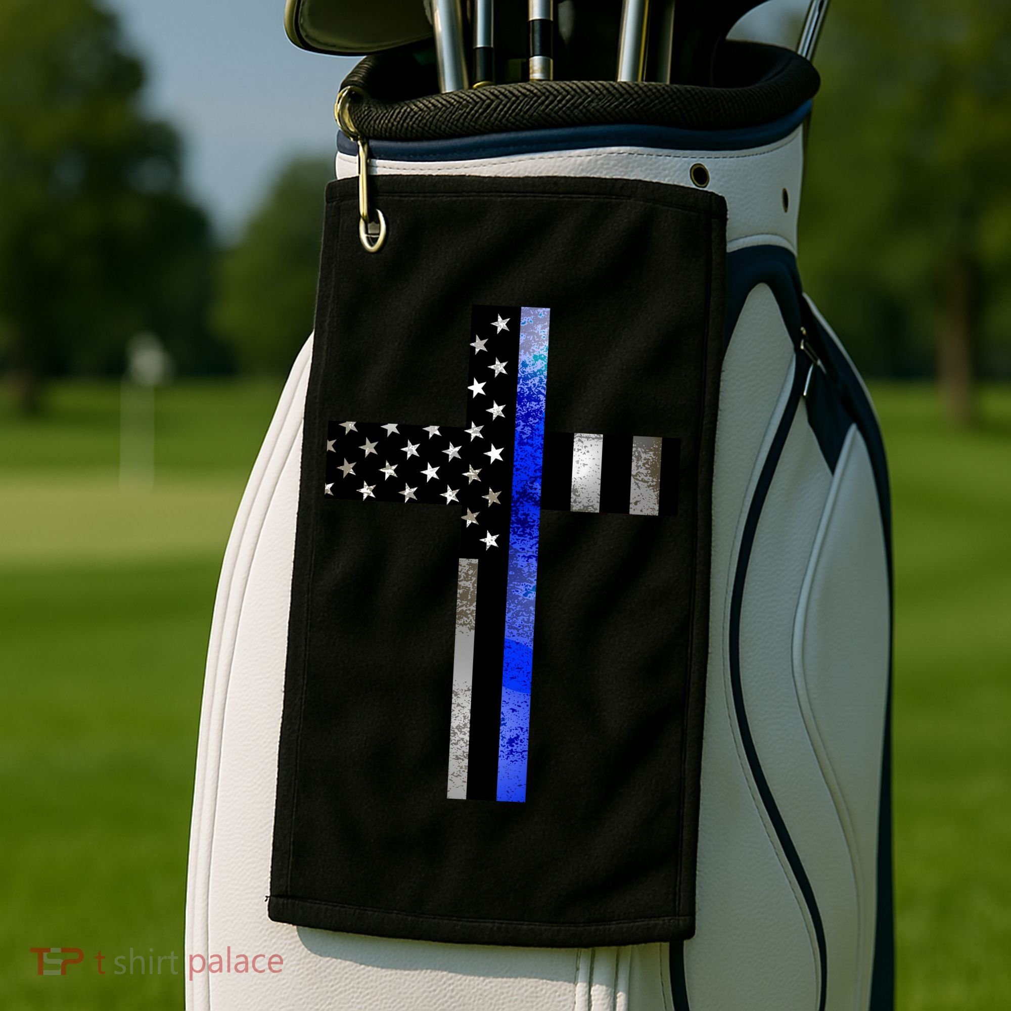 A Christian cross showing support for law enforcement - Thin Blue Line Golf Towel