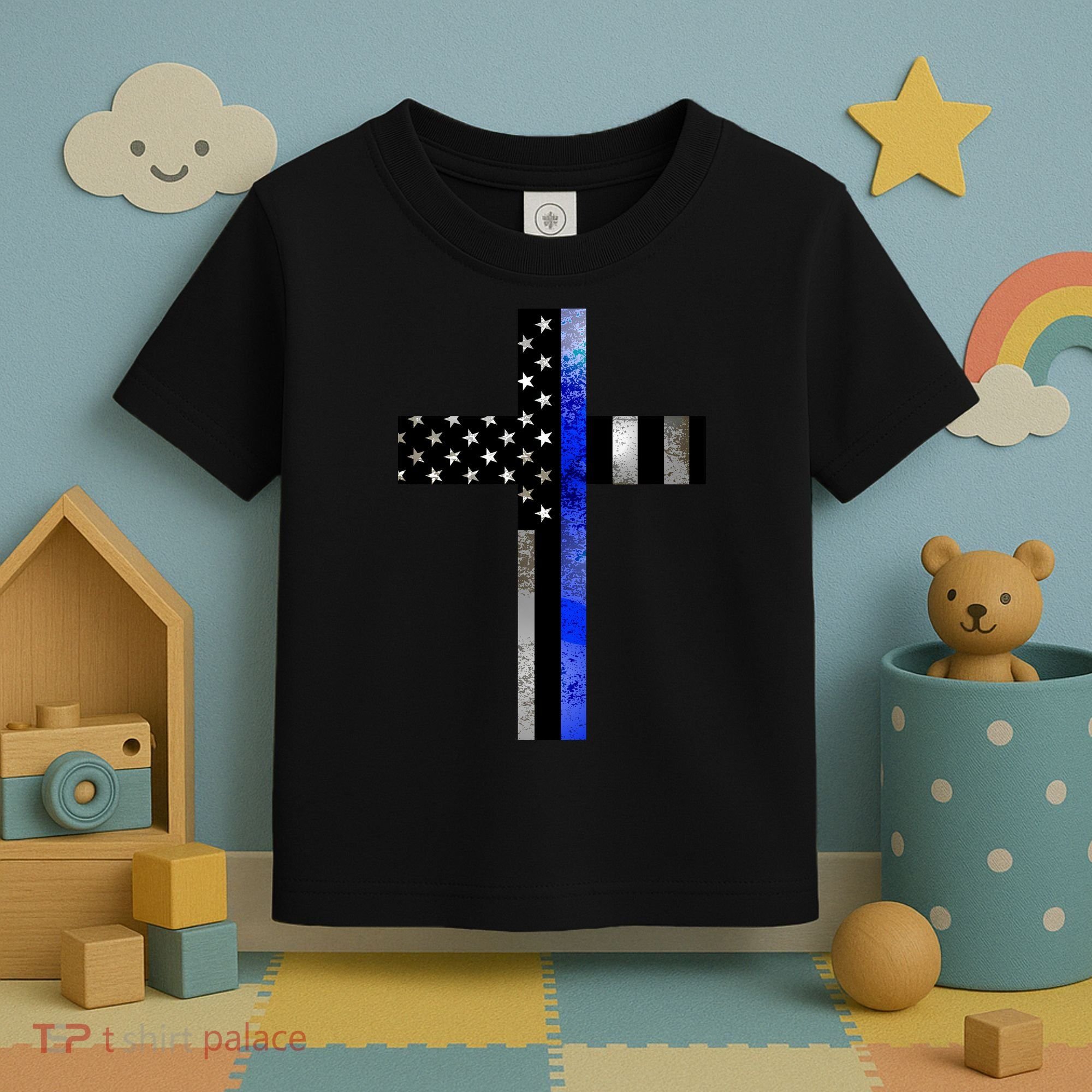 A Christian cross showing support for law enforcement - Thin Blue Line Toddler T-Shirt