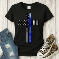 A Christian cross showing support for law enforcement - Thin Blue Line Women's T-Shirt thumb 3