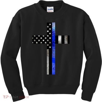 A Christian cross showing support for law enforcement - Thin Blue Line Kids Sweatshirt