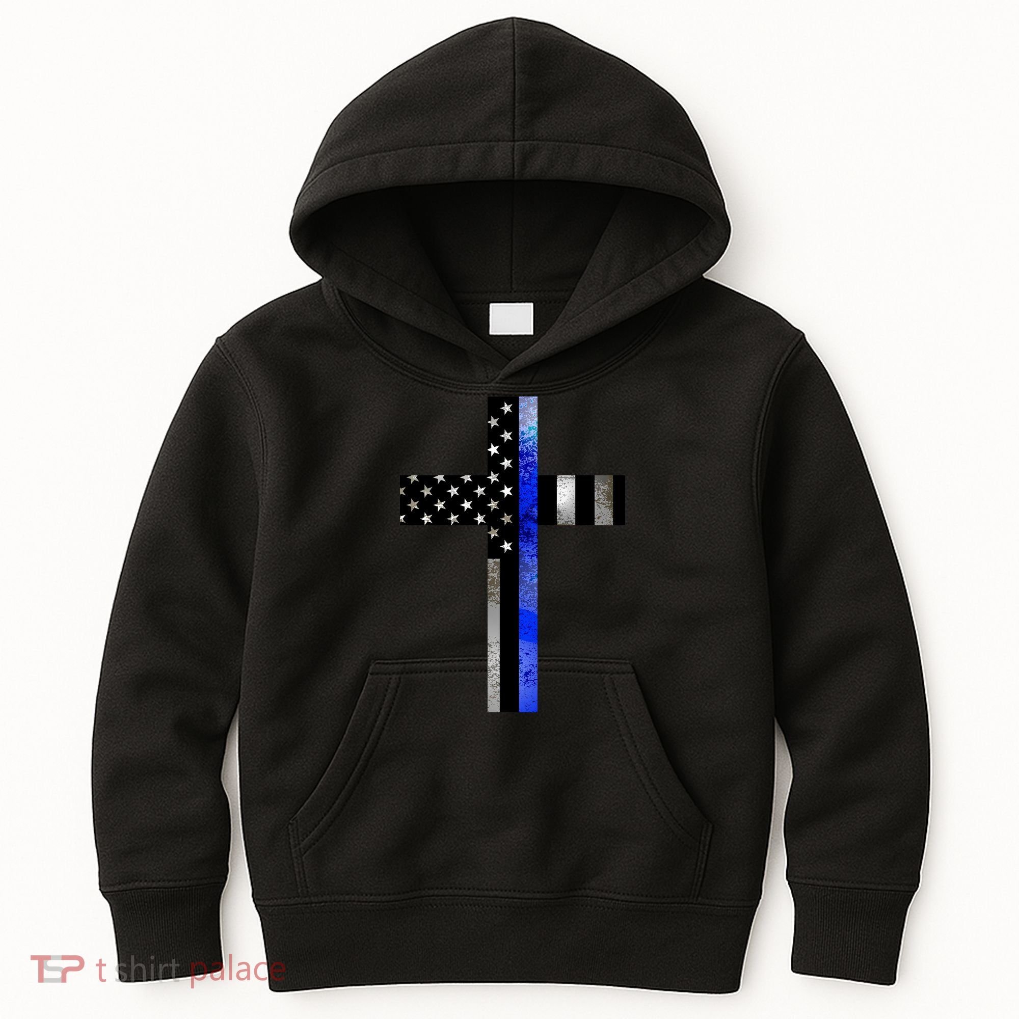 A Christian cross showing support for law enforcement - Thin Blue Line Kids Hoodie