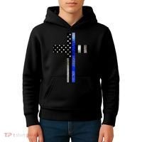 A Christian cross showing support for law enforcement - Thin Blue Line Kids Hoodie thumb 4