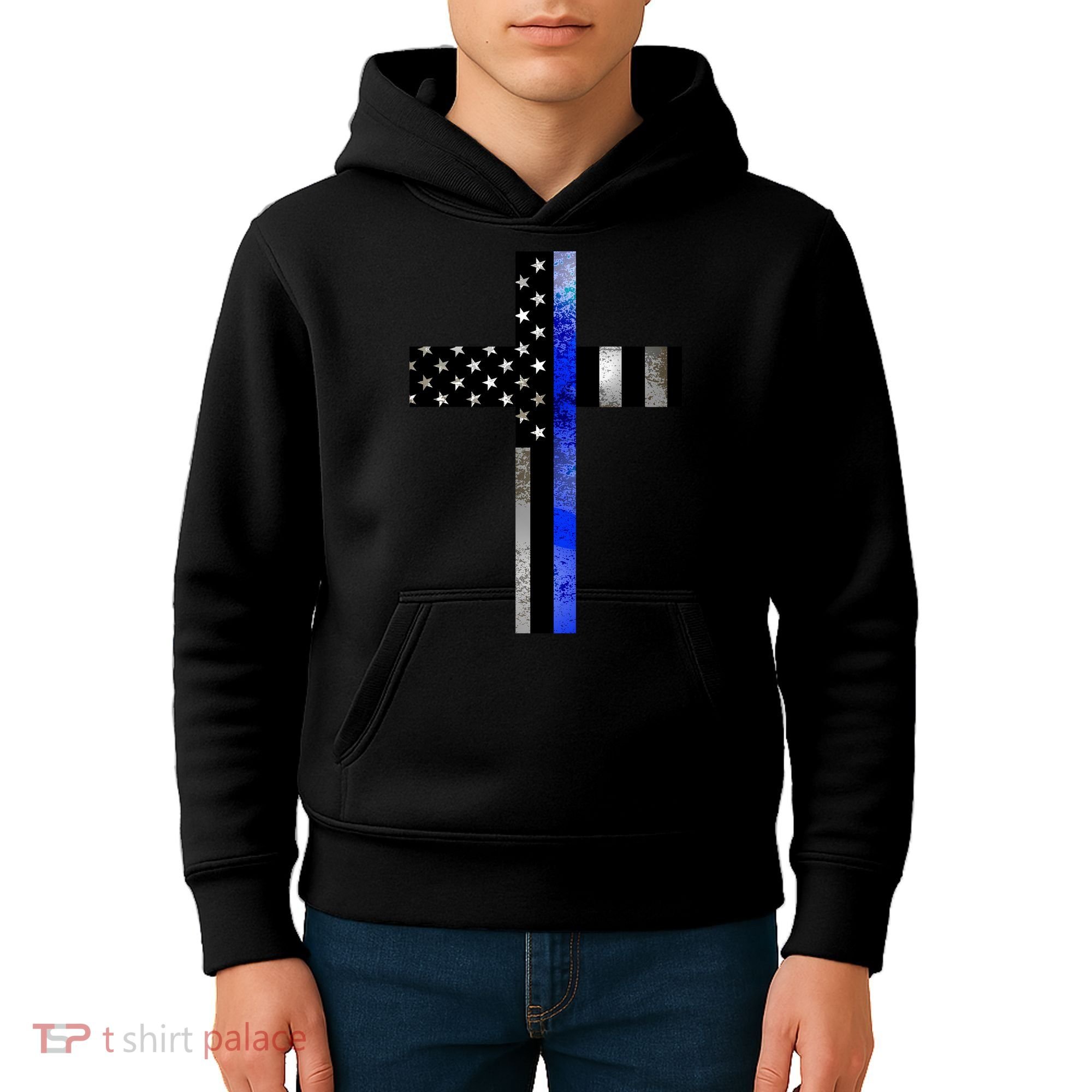 A Christian cross showing support for law enforcement - Thin Blue Line Kids Hoodie