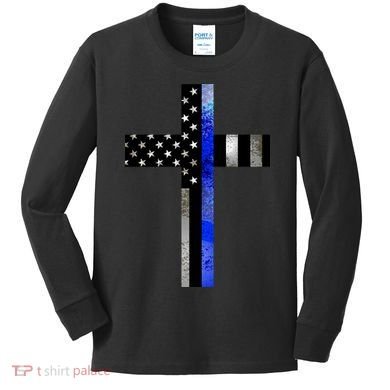 A Christian cross showing support for law enforcement - Thin Blue Line Kids Long Sleeve Shirt