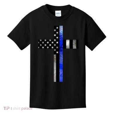 A Christian cross showing support for law enforcement - Thin Blue Line Kids T-Shirt