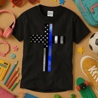 A Christian cross showing support for law enforcement - Thin Blue Line Kids T-Shirt thumb 3