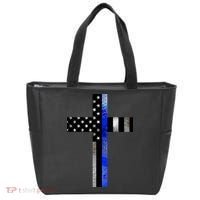A Christian cross showing support for law enforcement - Thin Blue Line Tote Bag thumb 0