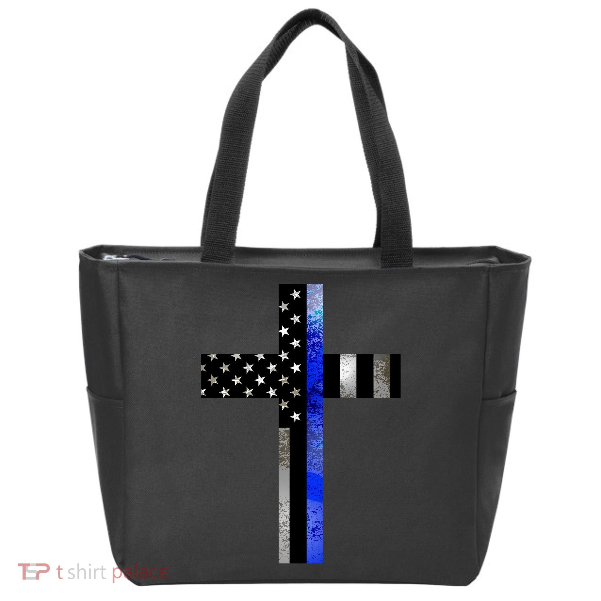 A Christian cross showing support for law enforcement - Thin Blue Line Tote Bag