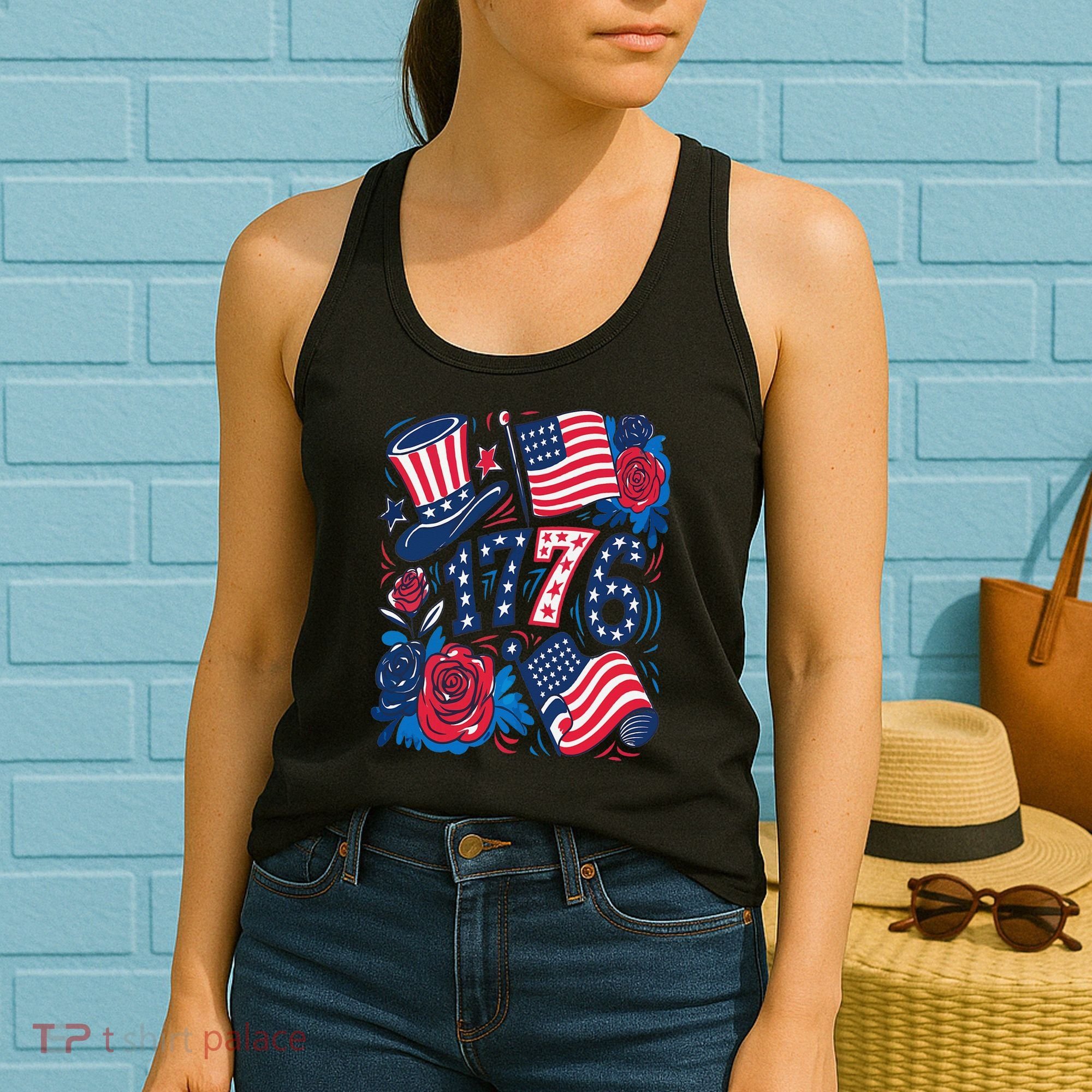 America 1776 4th Of July Independence Day Boho Flower Women's Tank Top