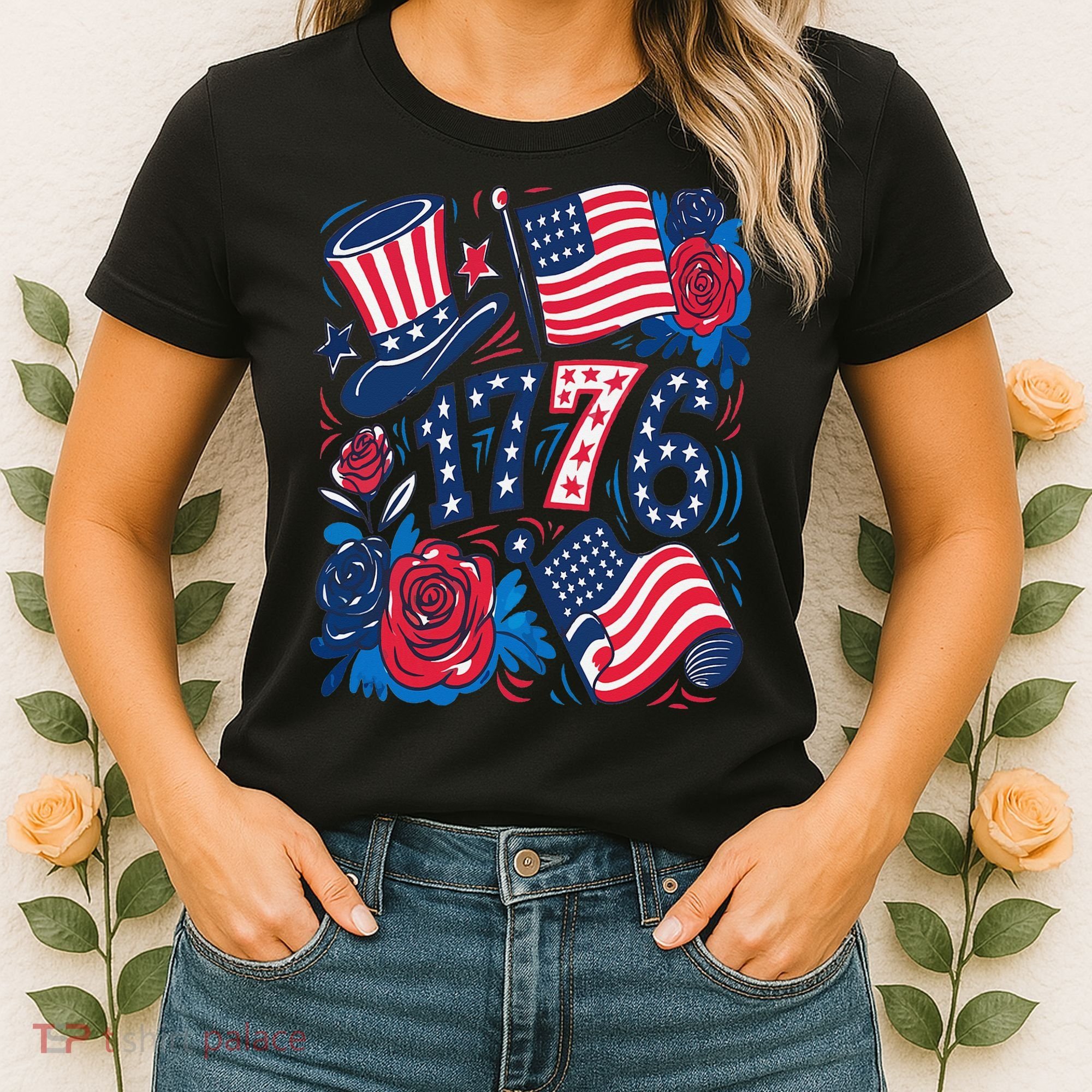 America 1776 4th Of July Independence Day Boho Flower Women's T-Shirt