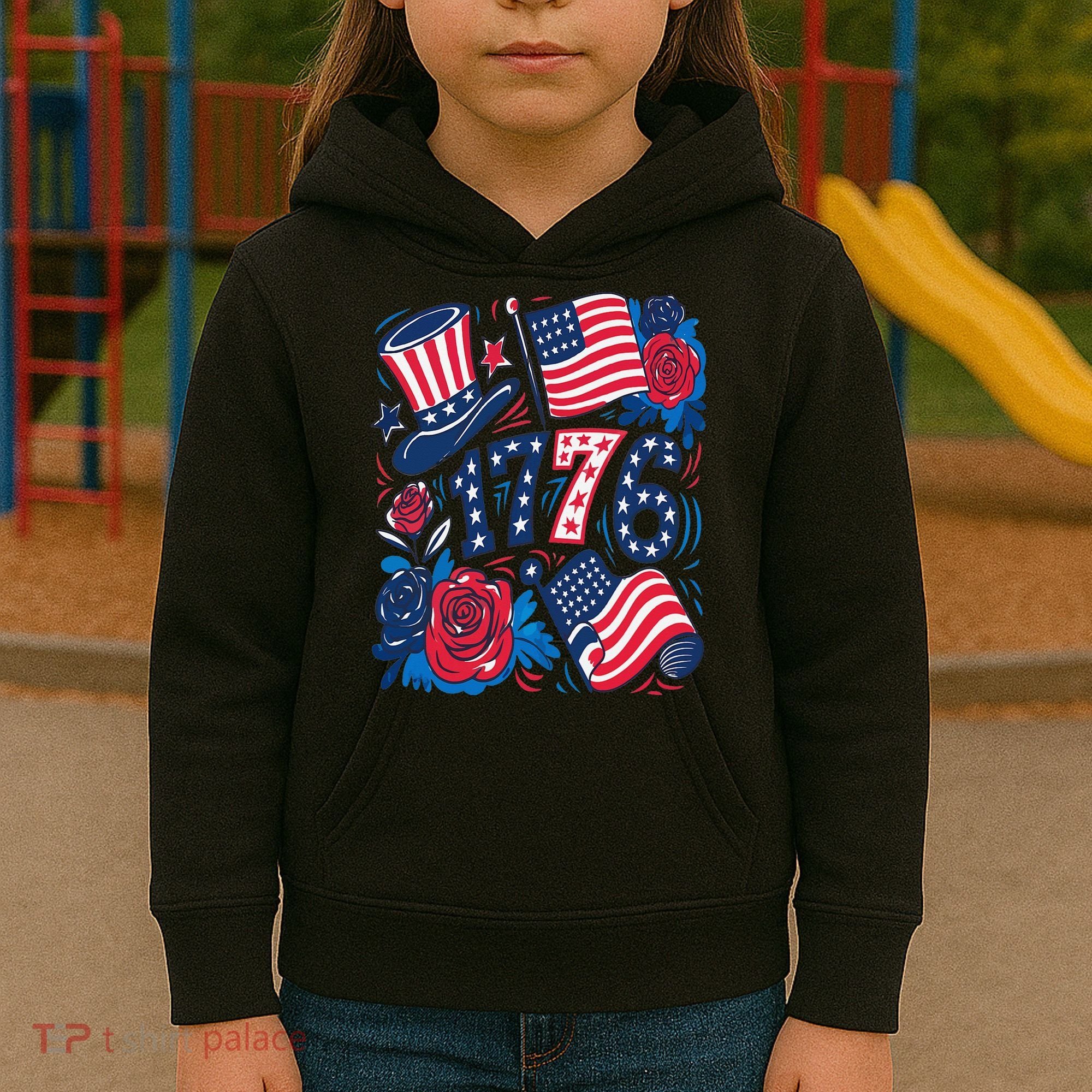 America 1776 4th Of July Independence Day Boho Flower Kids Hoodie
