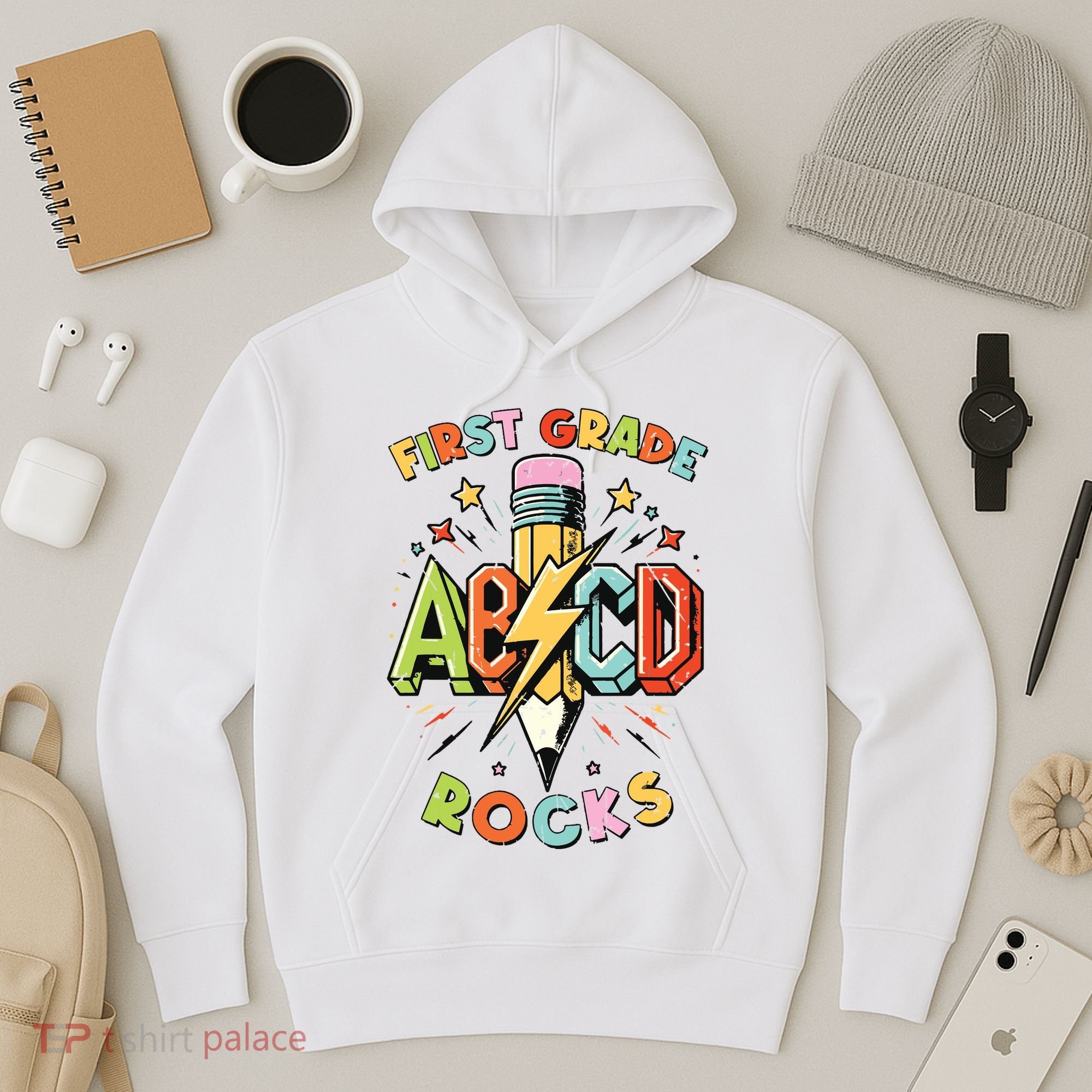 Abcd 1st Grade Rocks Pencil Lightning Teachers Rock Boy Hoodie
