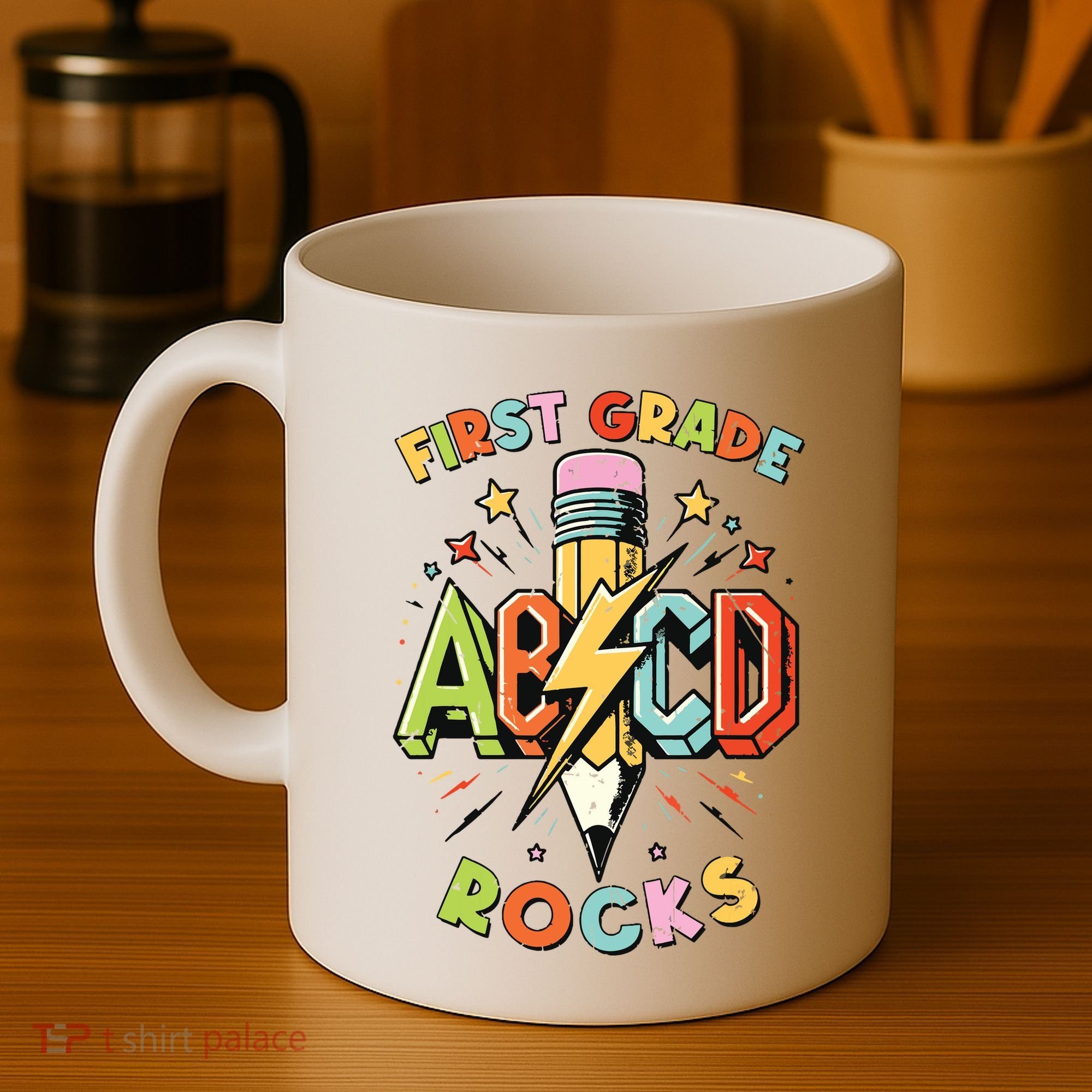 Abcd 1st Grade Rocks Pencil Lightning Teachers Rock Boy Coffee Mug