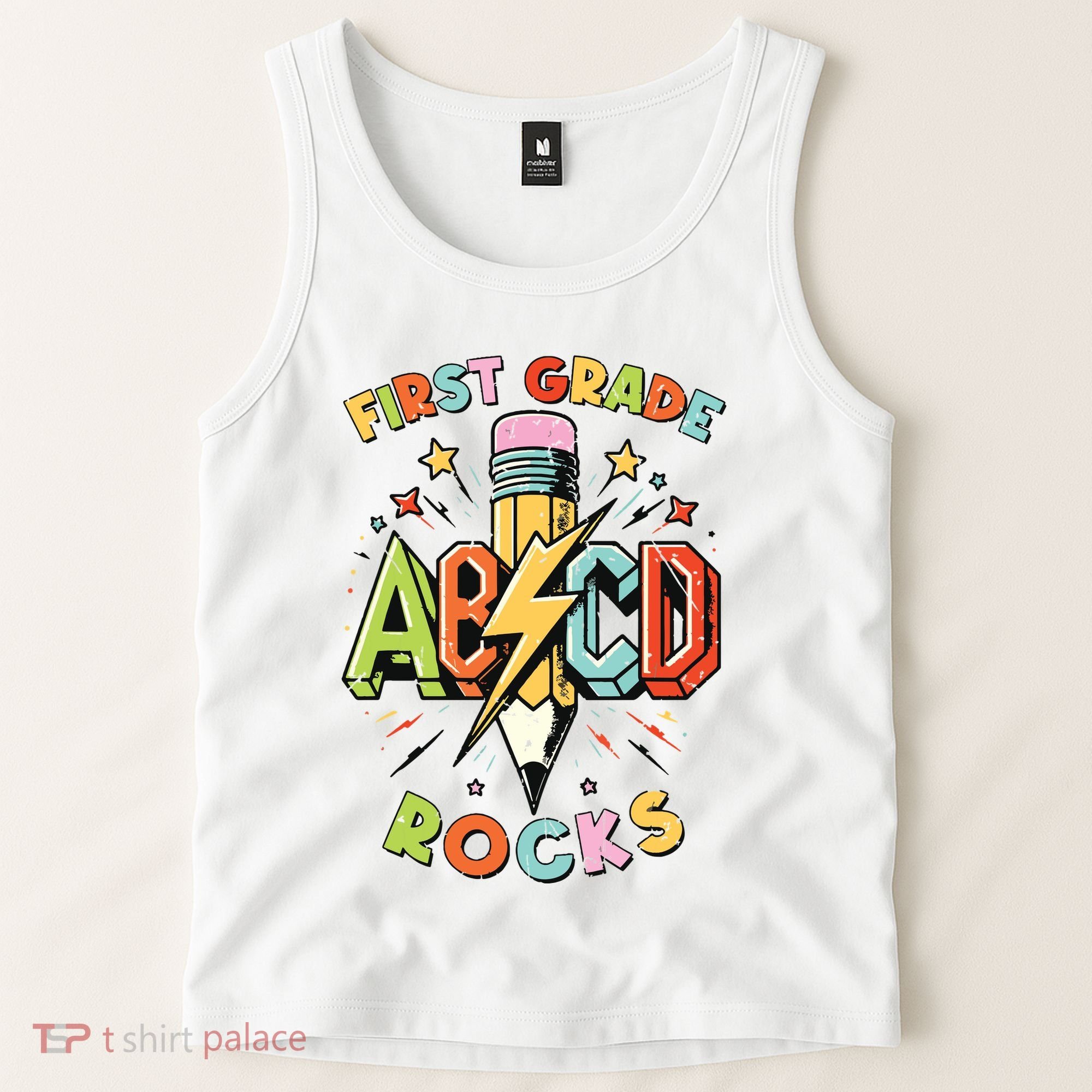 Abcd 1st Grade Rocks Pencil Lightning Teachers Rock Boy Tank Top