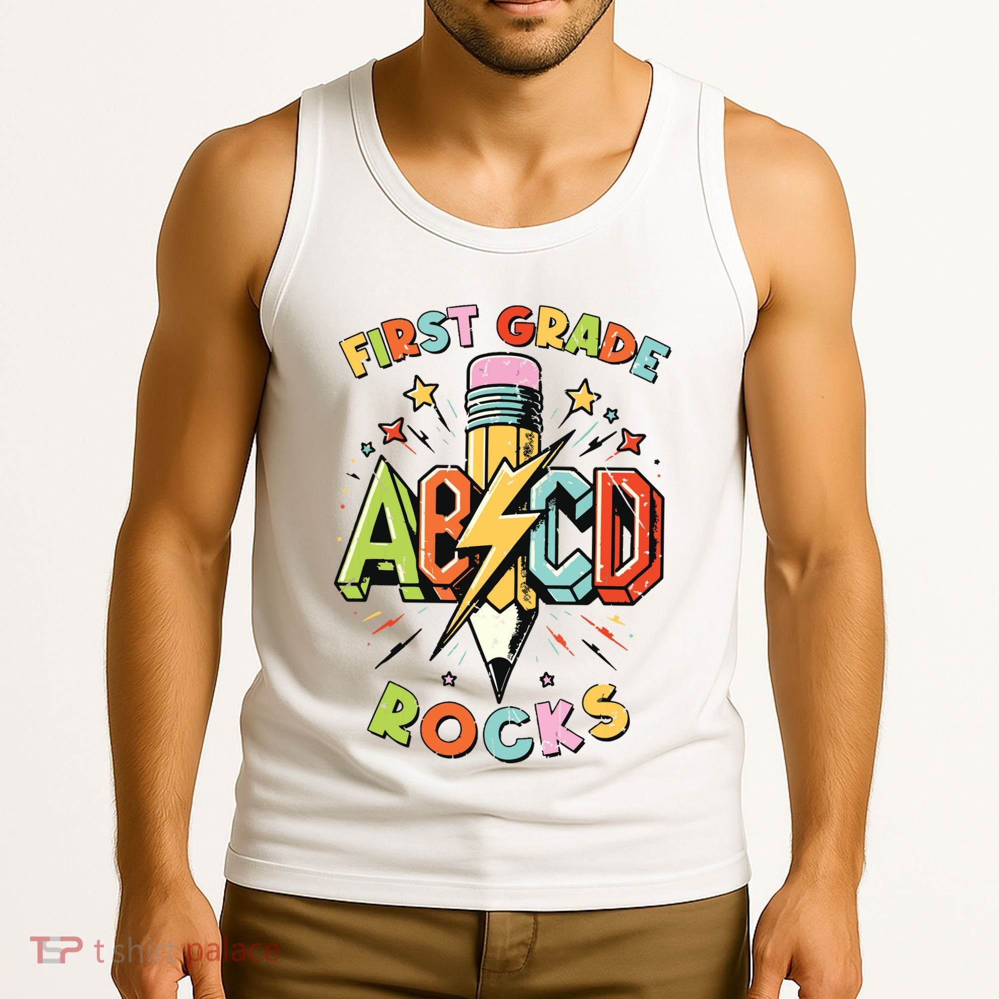 Abcd 1st Grade Rocks Pencil Lightning Teachers Rock Boy Tank Top