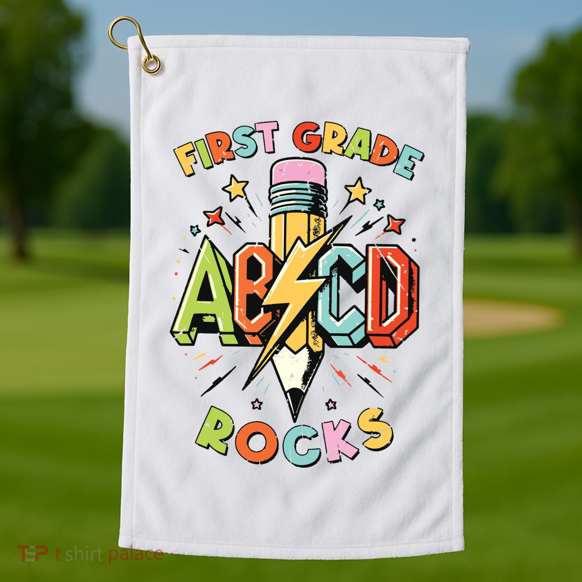 Abcd 1st Grade Rocks Pencil Lightning Teachers Rock Boy Golf Towel