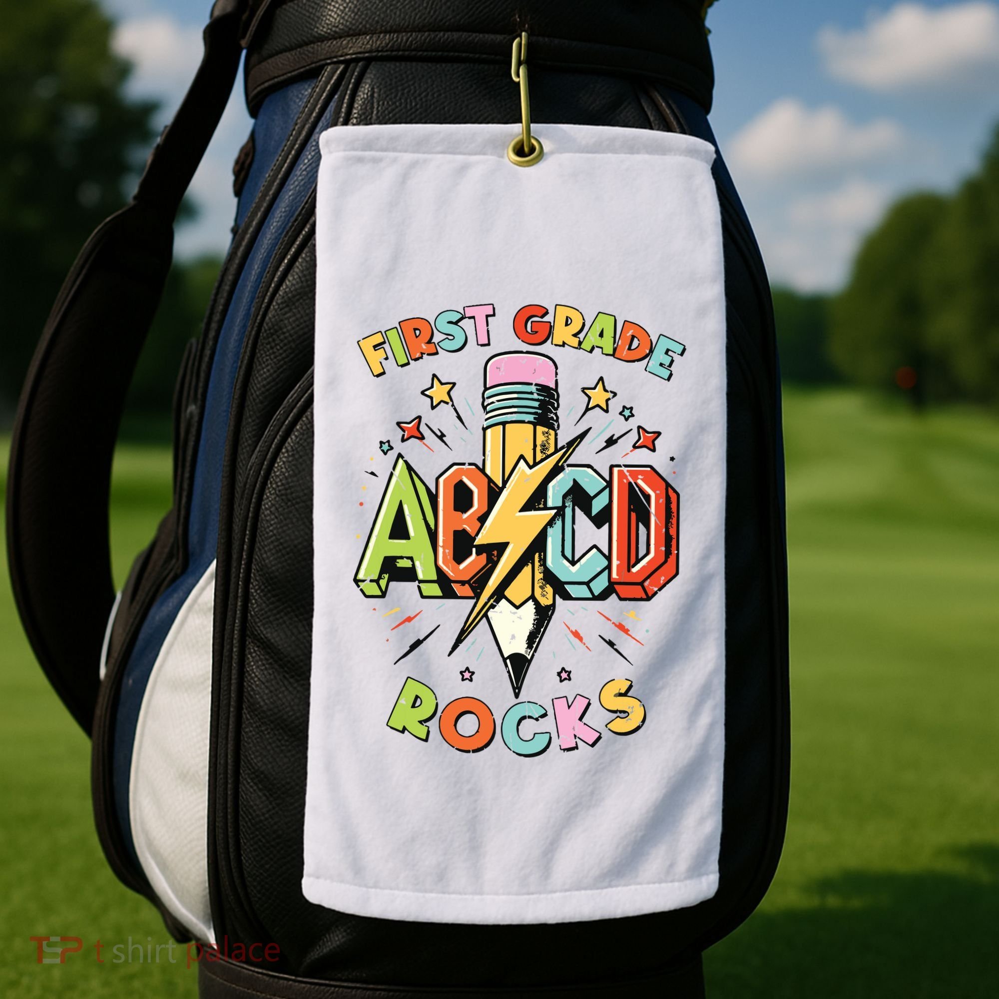 Abcd 1st Grade Rocks Pencil Lightning Teachers Rock Boy Golf Towel