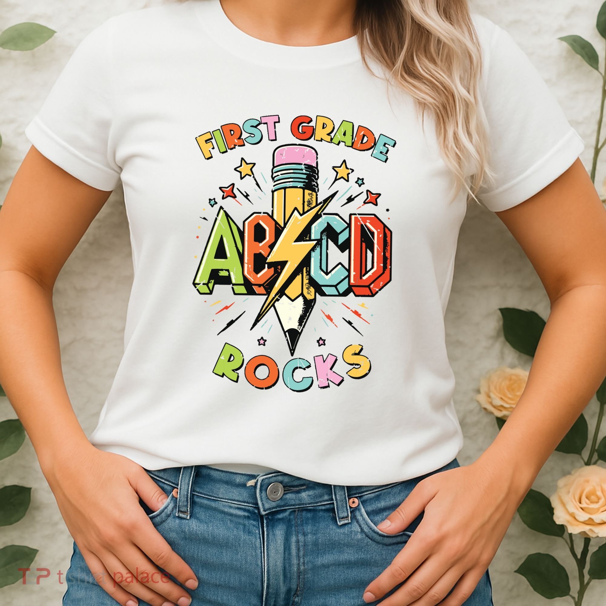 Abcd 1st Grade Rocks Pencil Lightning Teachers Rock Boy Women's T-Shirt