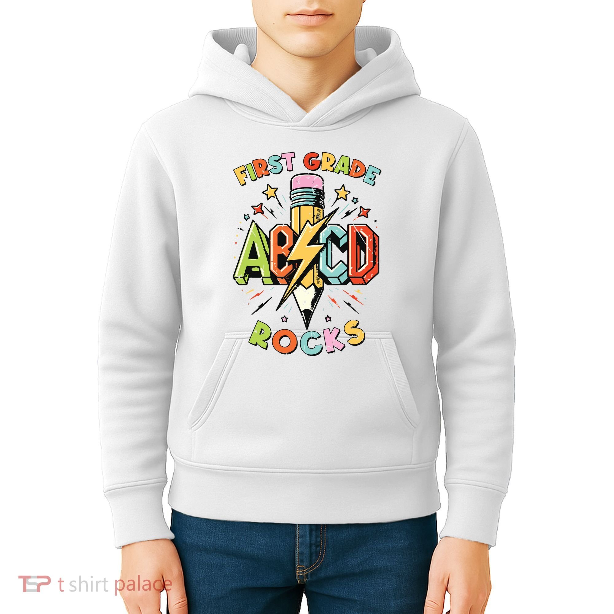 Abcd 1st Grade Rocks Pencil Lightning Teachers Rock Boy Kids Hoodie