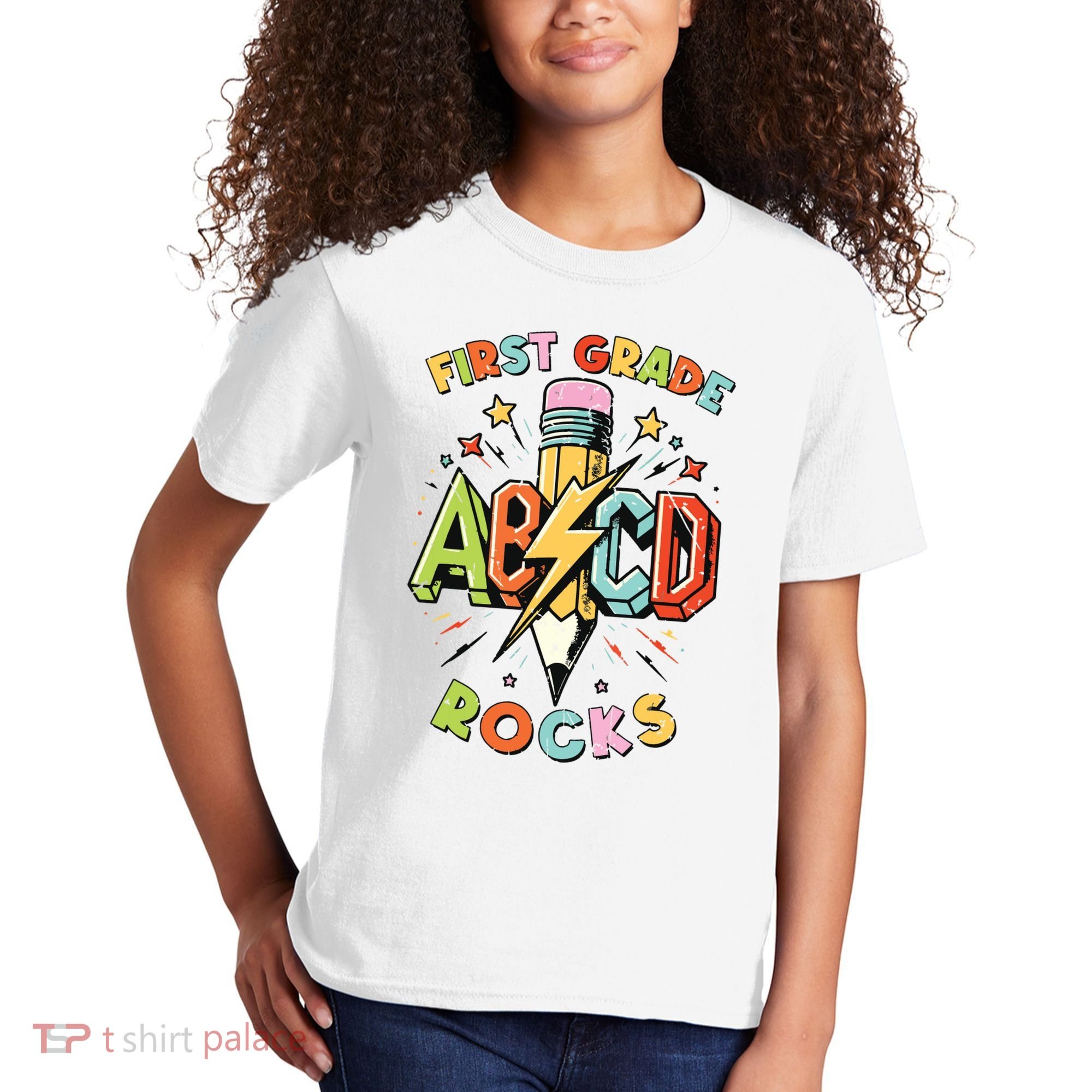 Abcd 1st Grade Rocks Pencil Lightning Teachers Rock Boy Kids T-Shirt