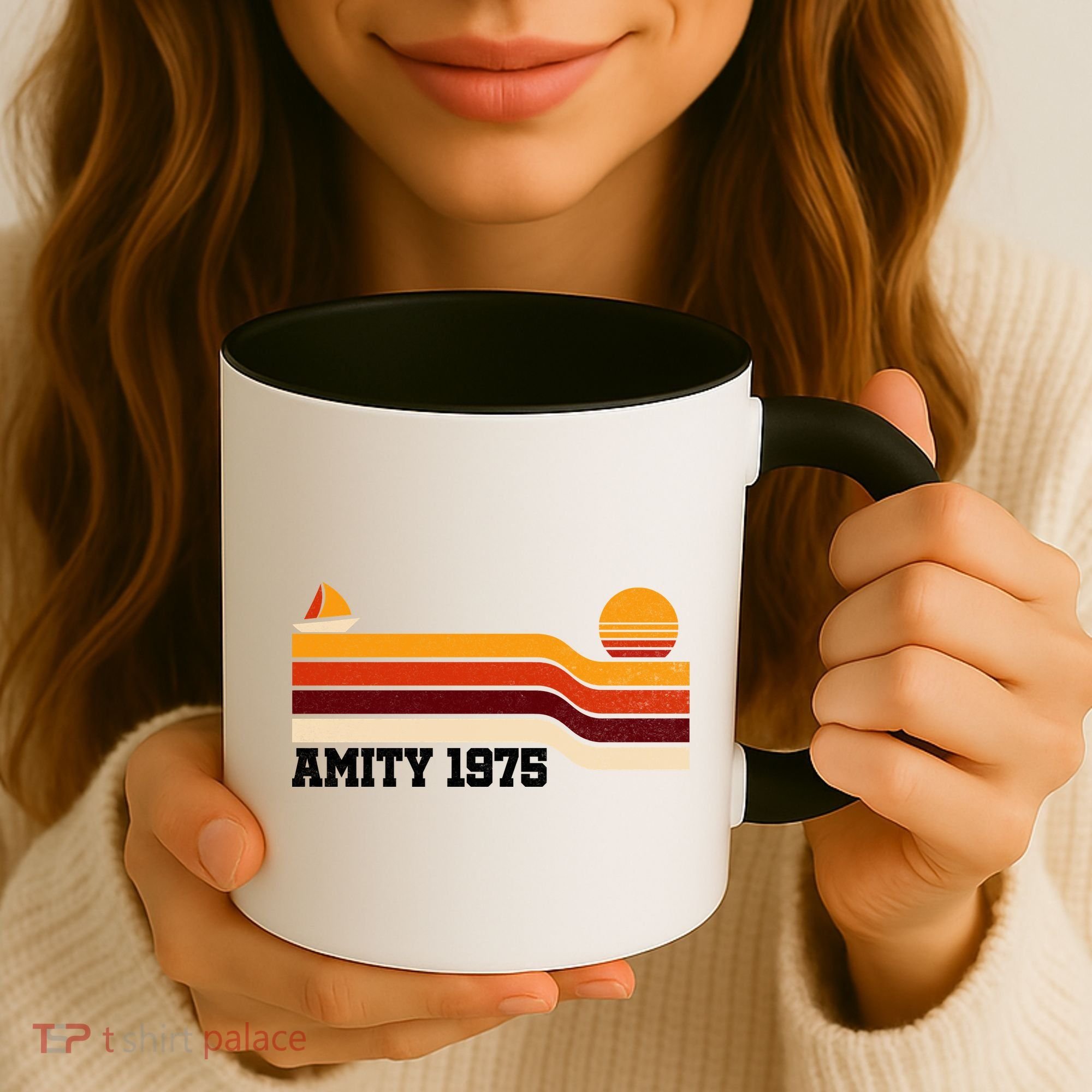 Amity 1975 Retro Sunset Sailboat Coastal Vibes Coffee Mug