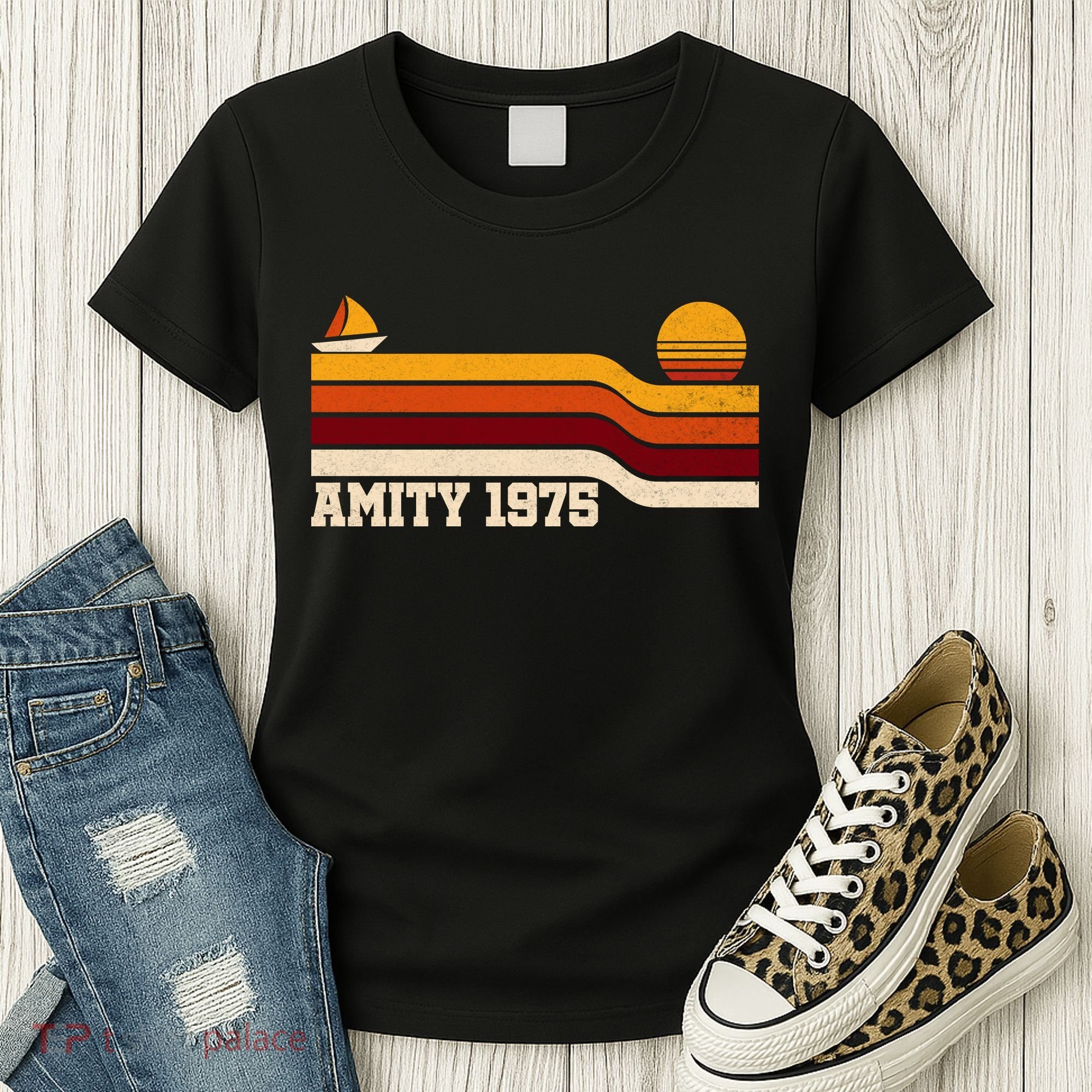 Amity 1975 Retro Sunset Sailboat Coastal Vibes Women's T-Shirt