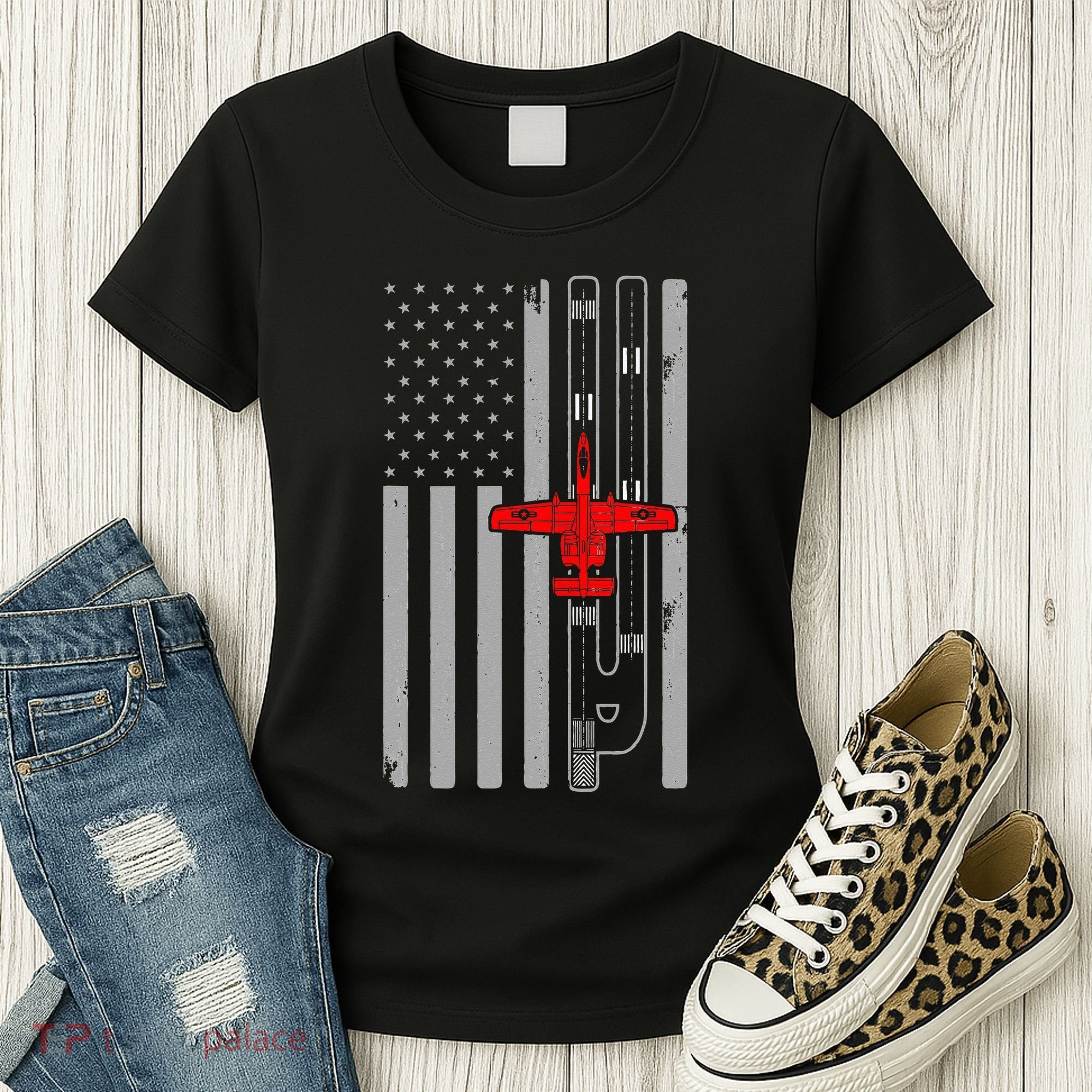 A 10 Warthog Airplane American Flag Runway A10 Thunderbird Women's T-Shirt