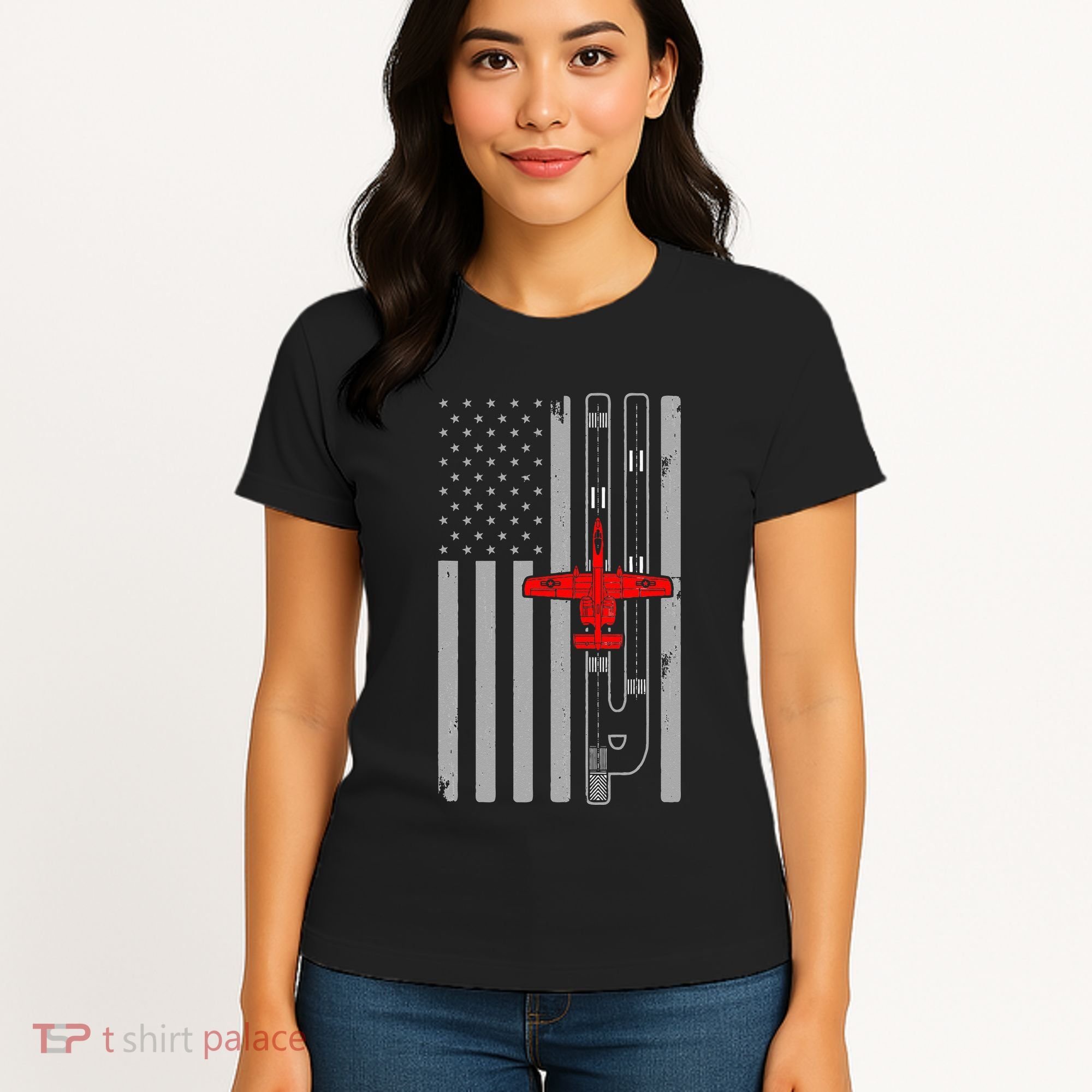 A 10 Warthog Airplane American Flag Runway A10 Thunderbird Women's T-Shirt