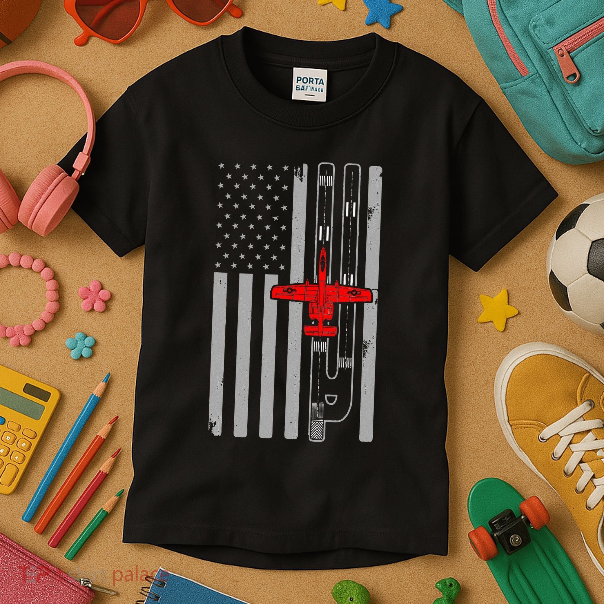 A 10 Warthog Airplane American Flag Runway A10 Thunderbird Kids T-Shirt