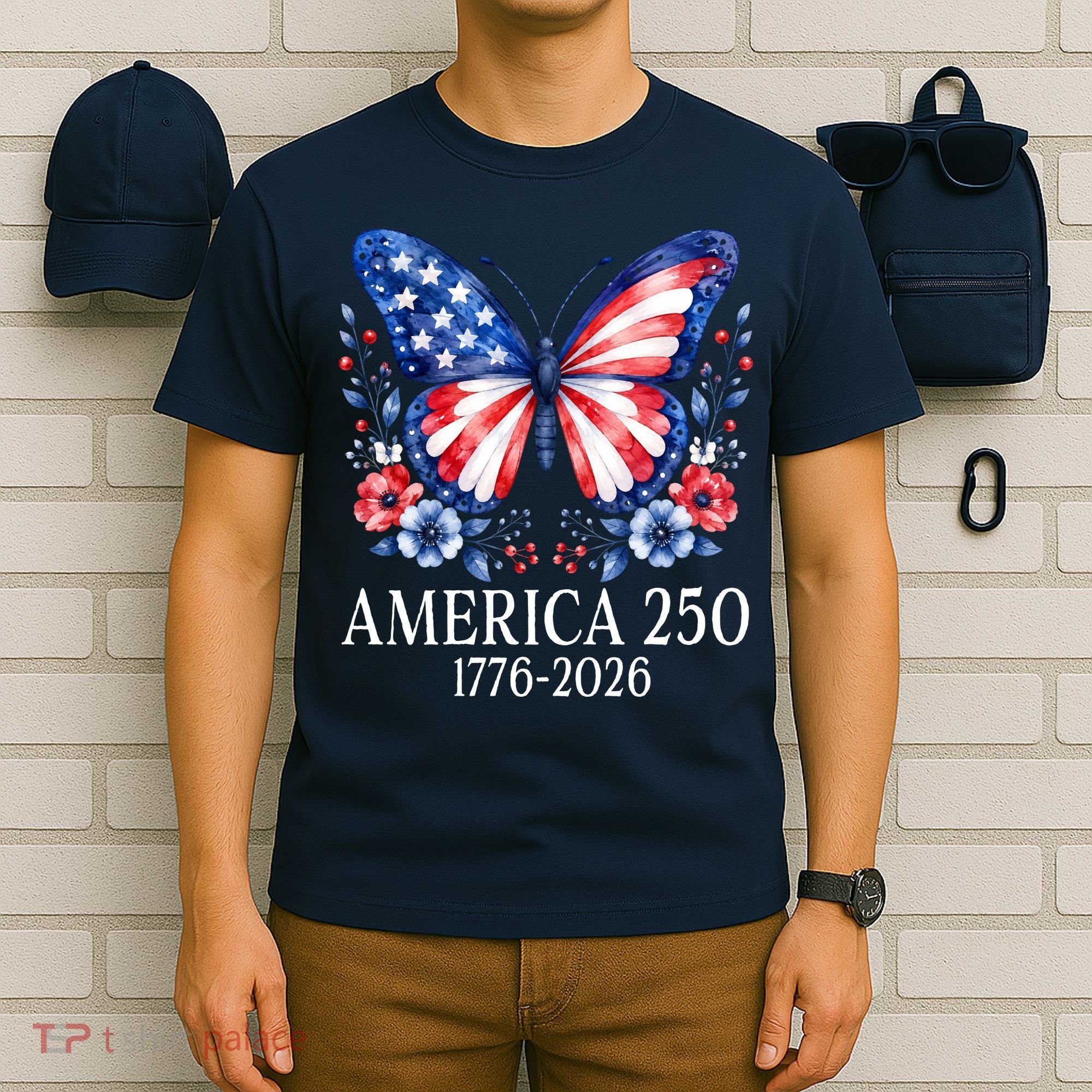 America 250 1776 -2026 Patriotic Flag Butterfly  T-Shirt