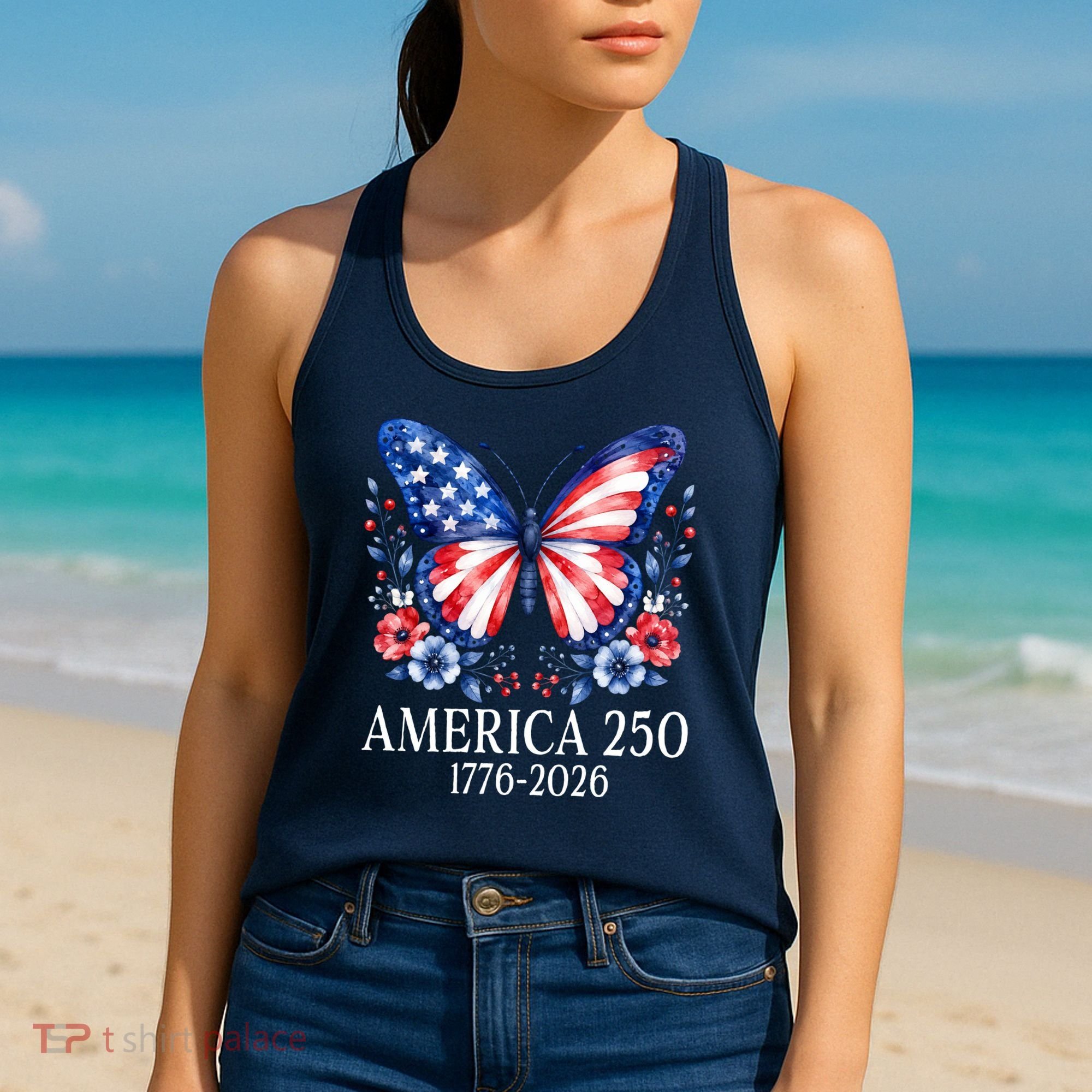 America 250 1776 -2026 Patriotic Flag Butterfly  Women's Tank Top