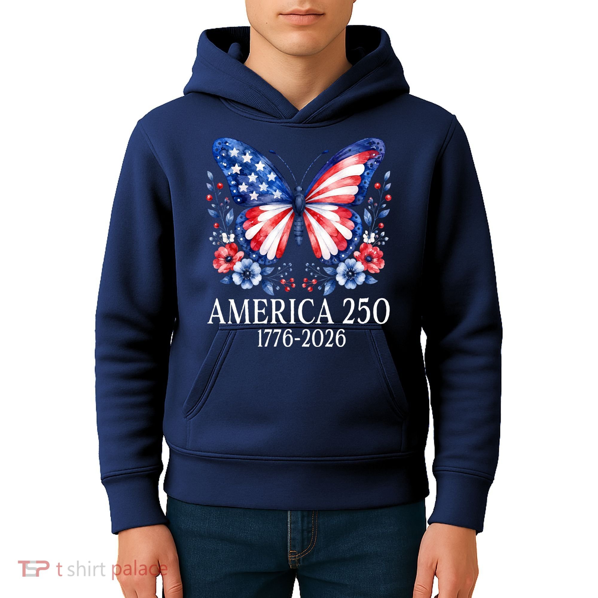 America 250 1776 -2026 Patriotic Flag Butterfly  Kids Hoodie