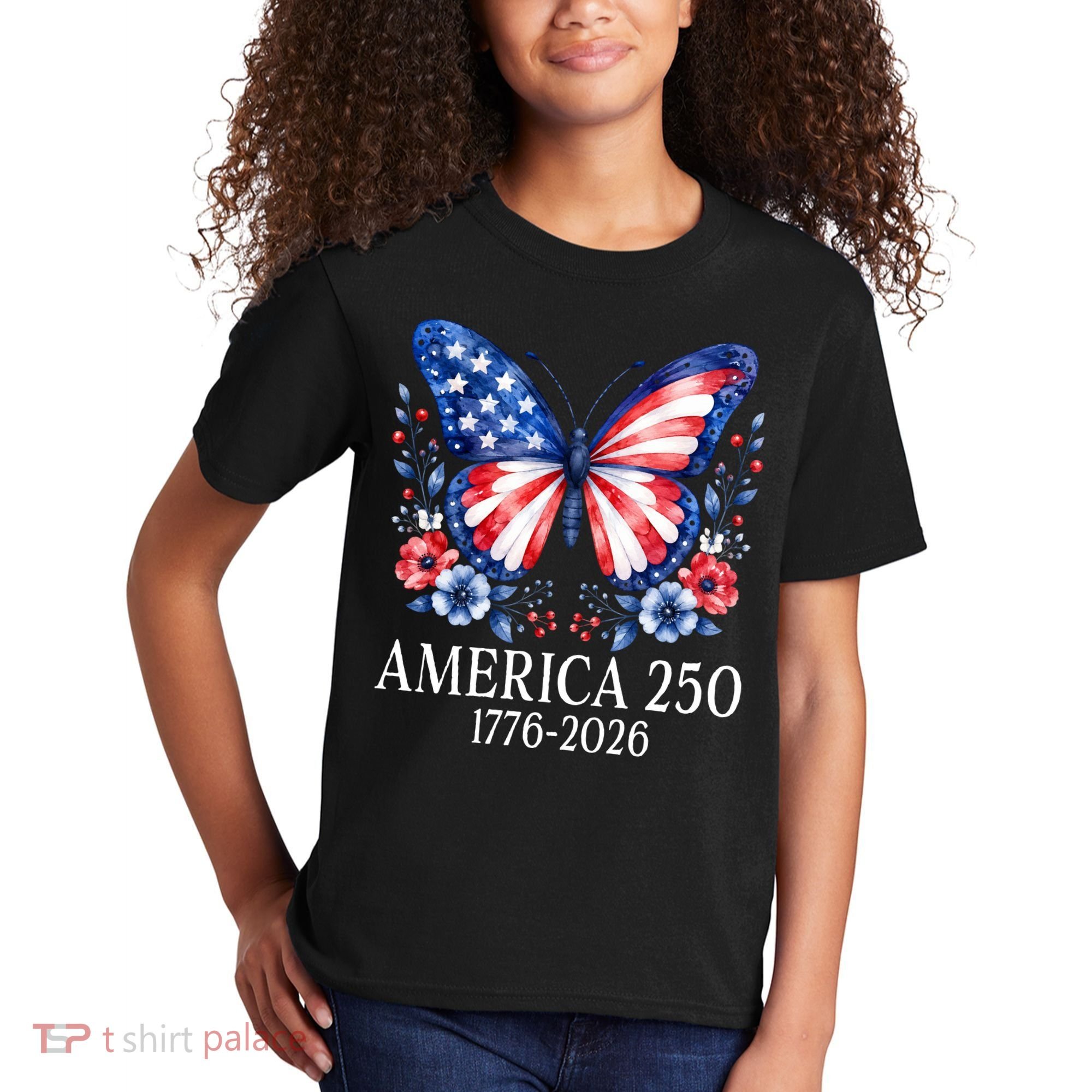 America 250 1776 -2026 Patriotic Flag Butterfly  Kids T-Shirt