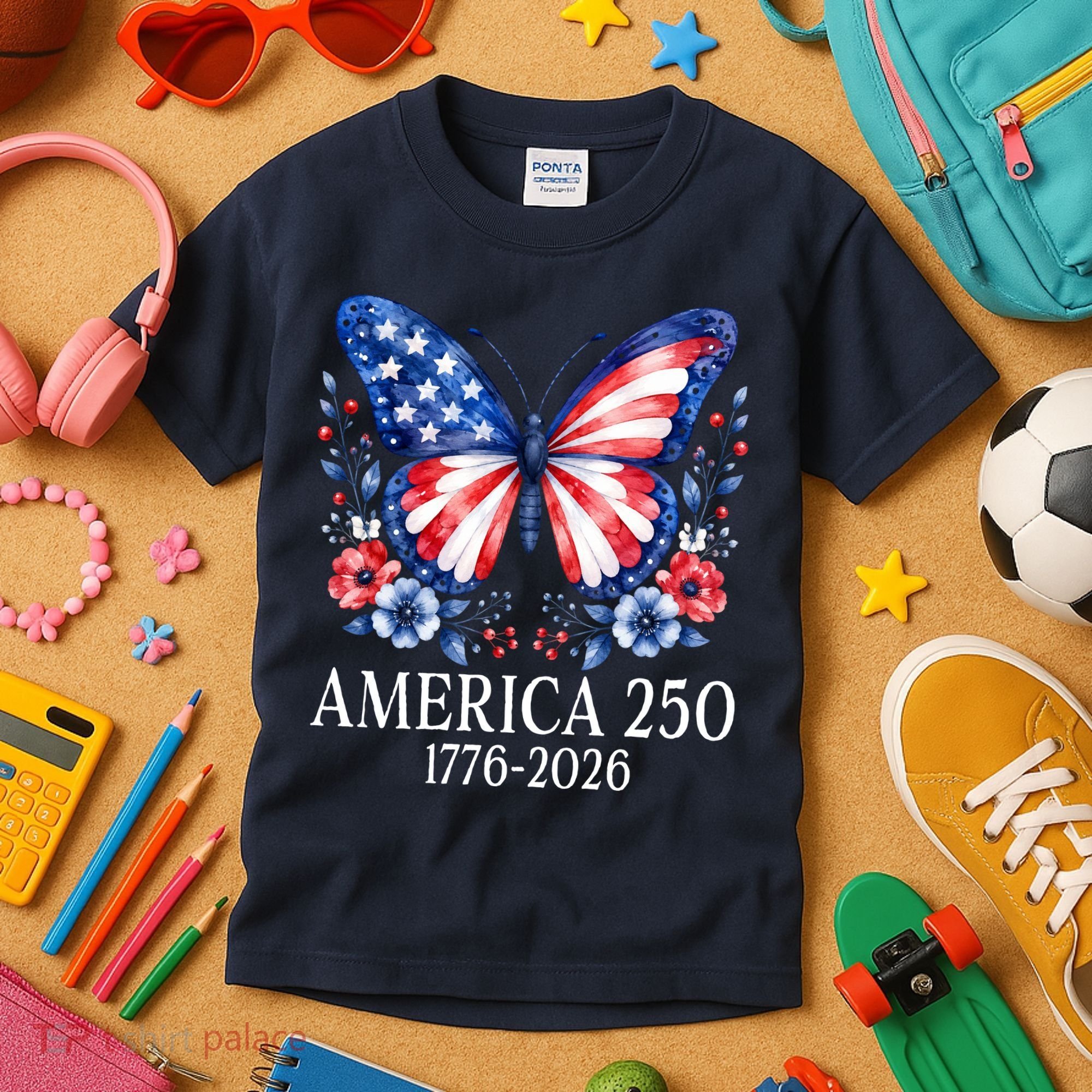 America 250 1776 -2026 Patriotic Flag Butterfly  Kids T-Shirt