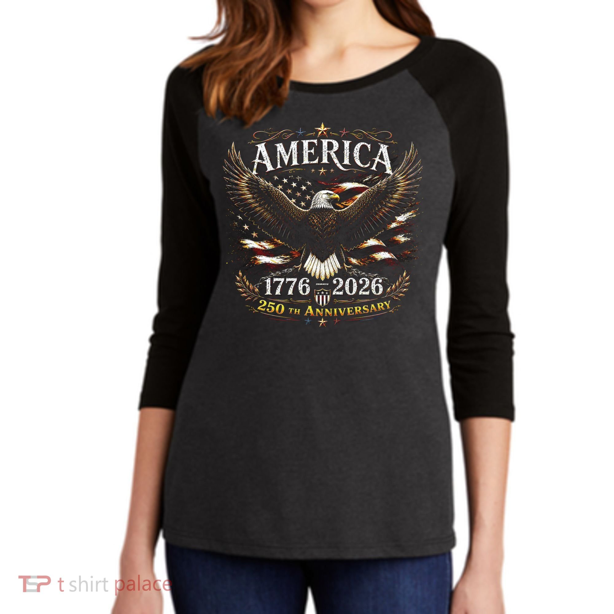 America 250th Anniversary 1776-2026 Patriotic Eagle Women's Tri-Blend 3/4-Sleeve Raglan Shirt