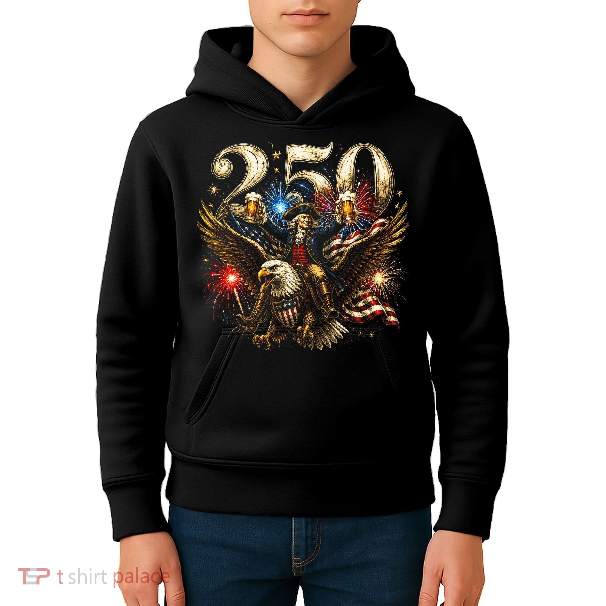 America 250 Ben Franklin Riding Eagle Celebration Kids Hoodie