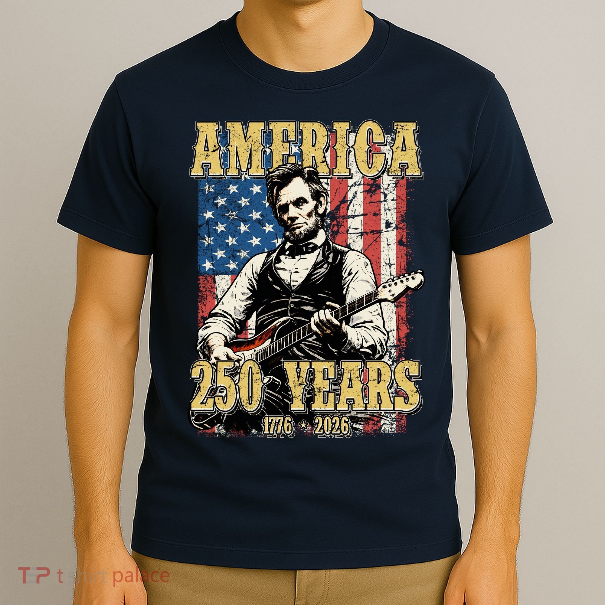 America 250 Years 1776 2026 Abe Lincoln Rocking Out Guitar T-Shirt