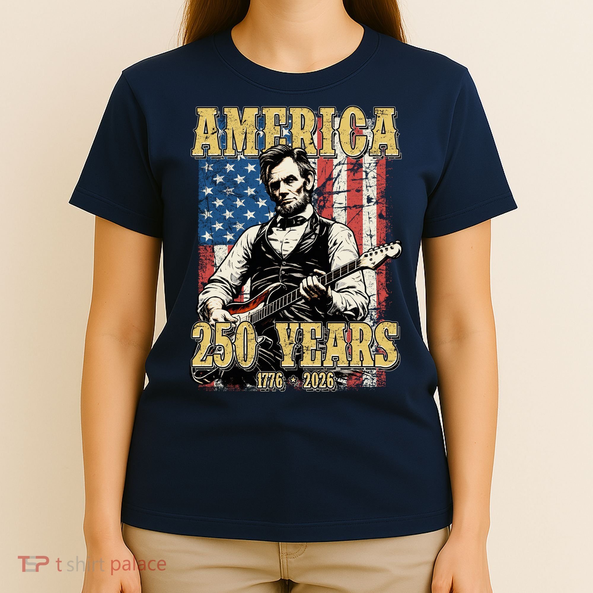 America 250 Years 1776 2026 Abe Lincoln Rocking Out Guitar T-Shirt