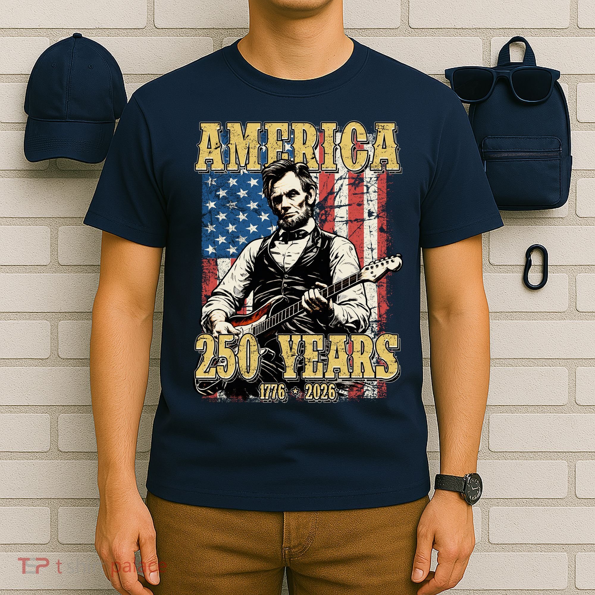 America 250 Years 1776 2026 Abe Lincoln Rocking Out Guitar T-Shirt