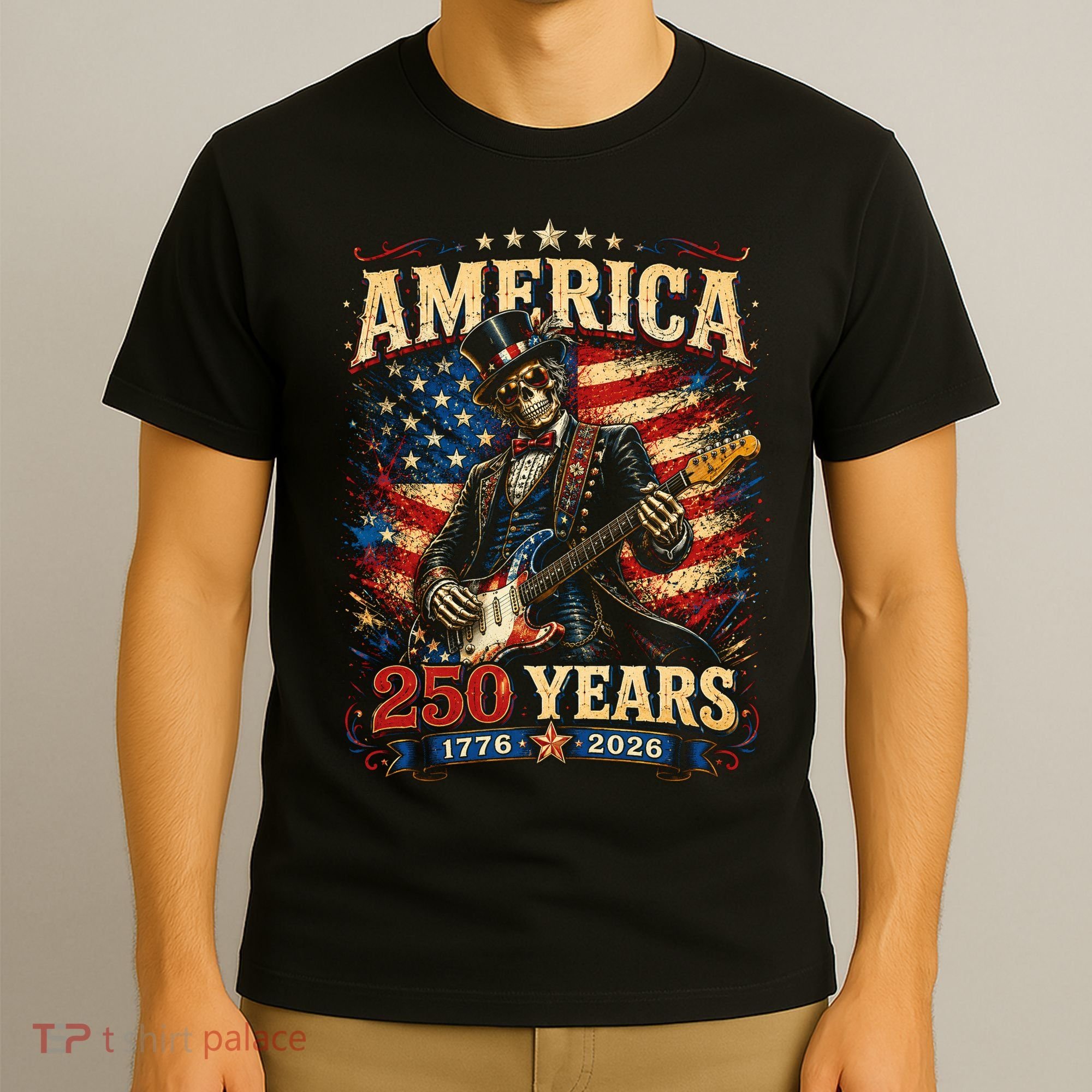 America 250 Years Celebration Rocker Skull Vintage T-Shirt