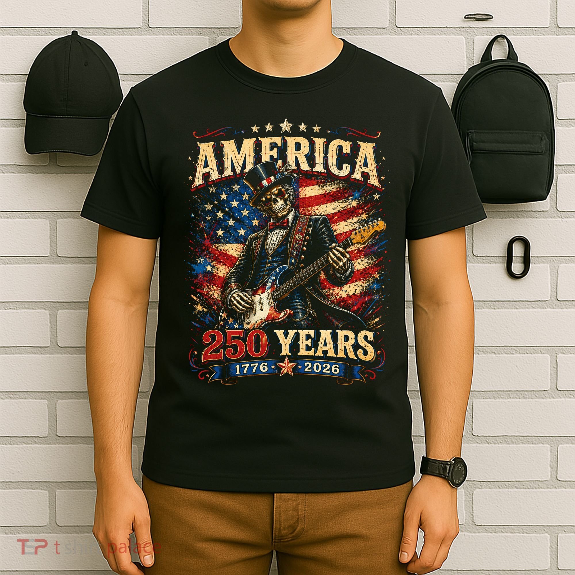 America 250 Years Celebration Rocker Skull Vintage T-Shirt