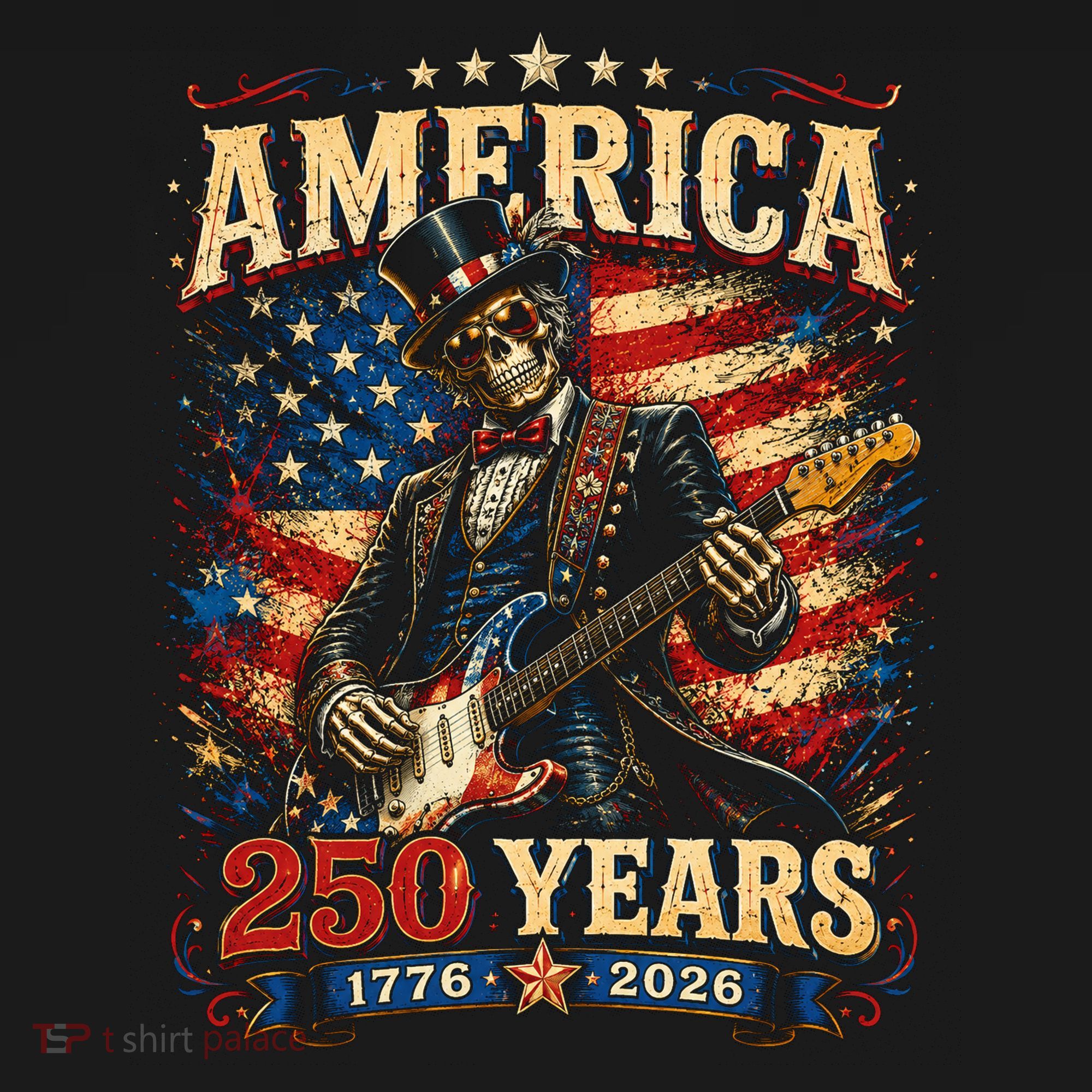 America 250 Years Celebration Rocker Skull Vintage T-Shirt