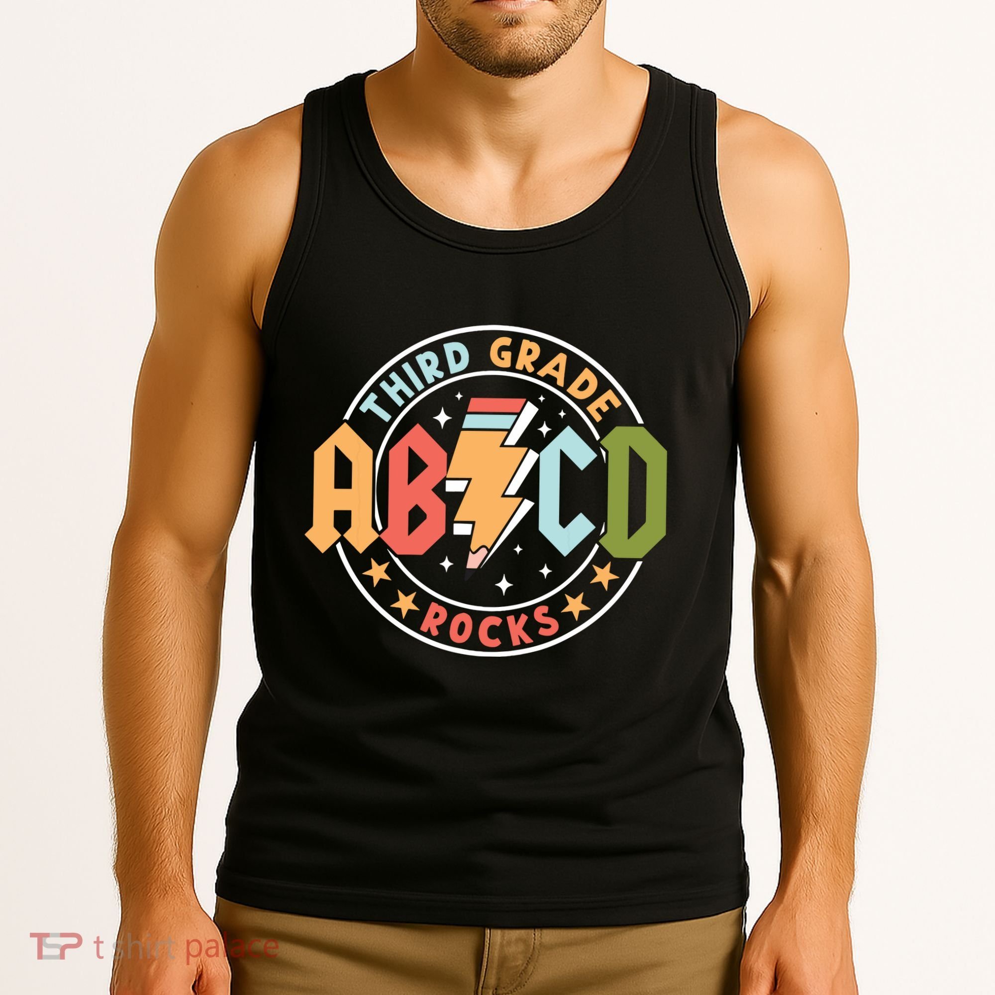 Abcd 3rd Grade Rocks Pencil Lightning Teachers Rock Tank Top