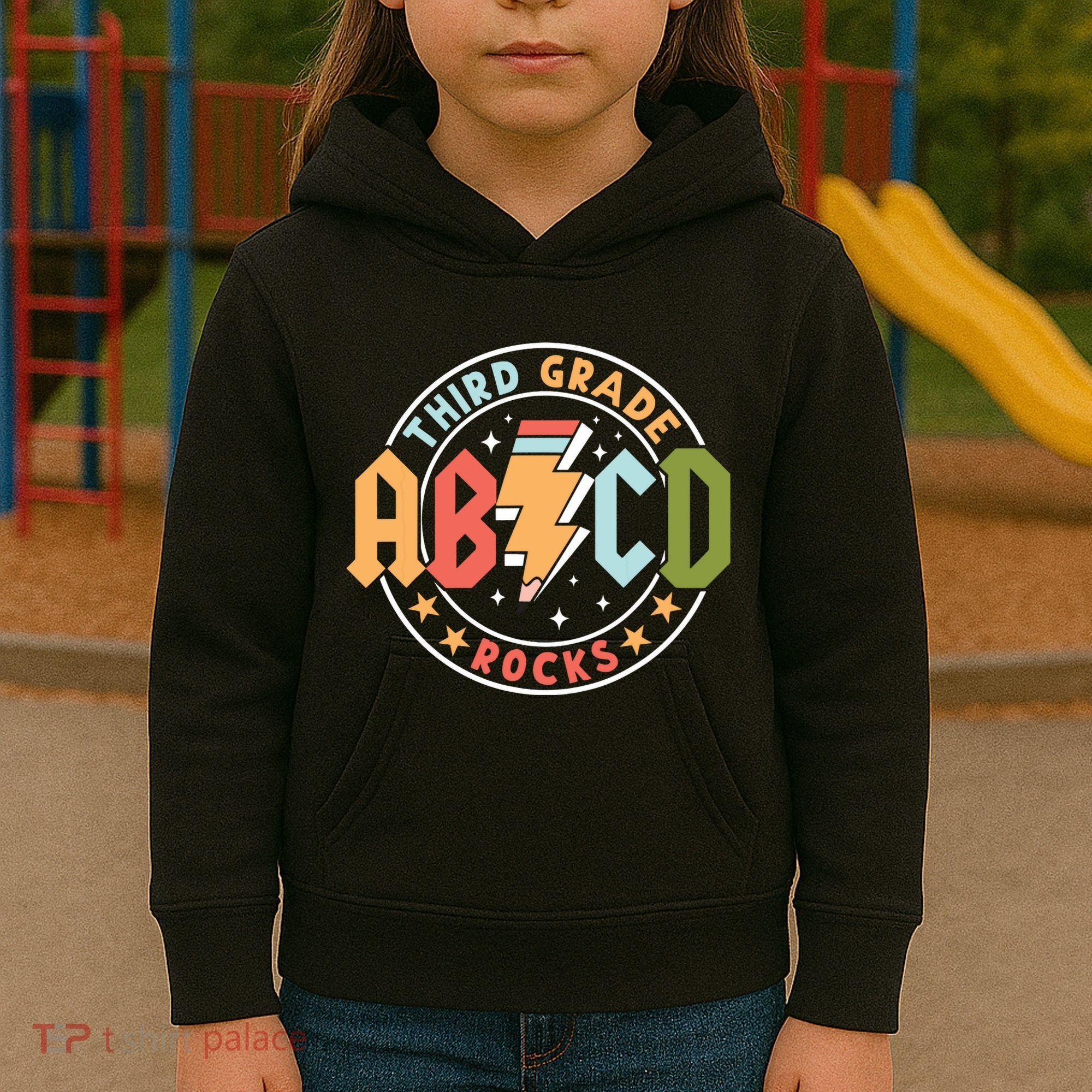 Abcd 3rd Grade Rocks Pencil Lightning Teachers Rock Kids Hoodie